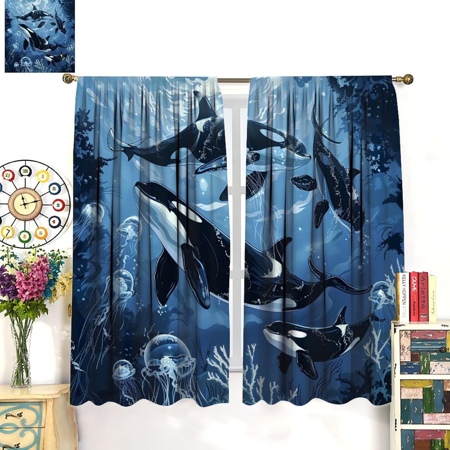 Nature Orca Jellyfish Blackout Curtains for Bedroom/Living Room, Undersea Marine Animal Curtains Rod Pocket Thermal Insulated Window Drapes, 2 Panels/Each 21" W x 63" L