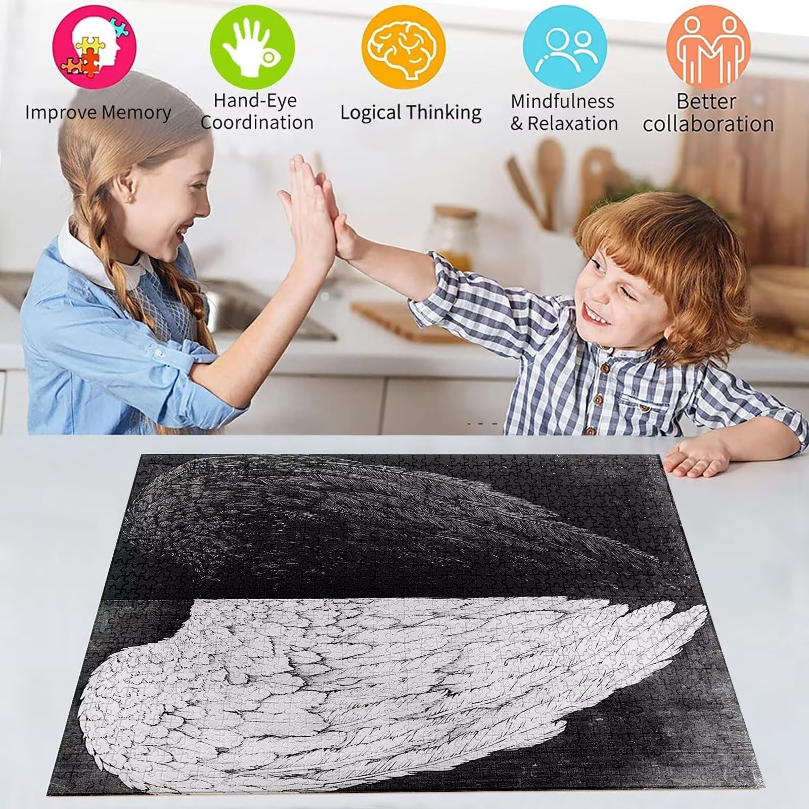 Puzzle 2000 Teile Schwarz und Weiß Puzzle Erwachsene, DIY Groß Puzzelmatten, Holzpuzzle für Erwachsene und Kinder ab 12 Jahren Wooden Jigsaw Flügel Geschicklichkeitsspiel für Die Ganze Familie, D-652