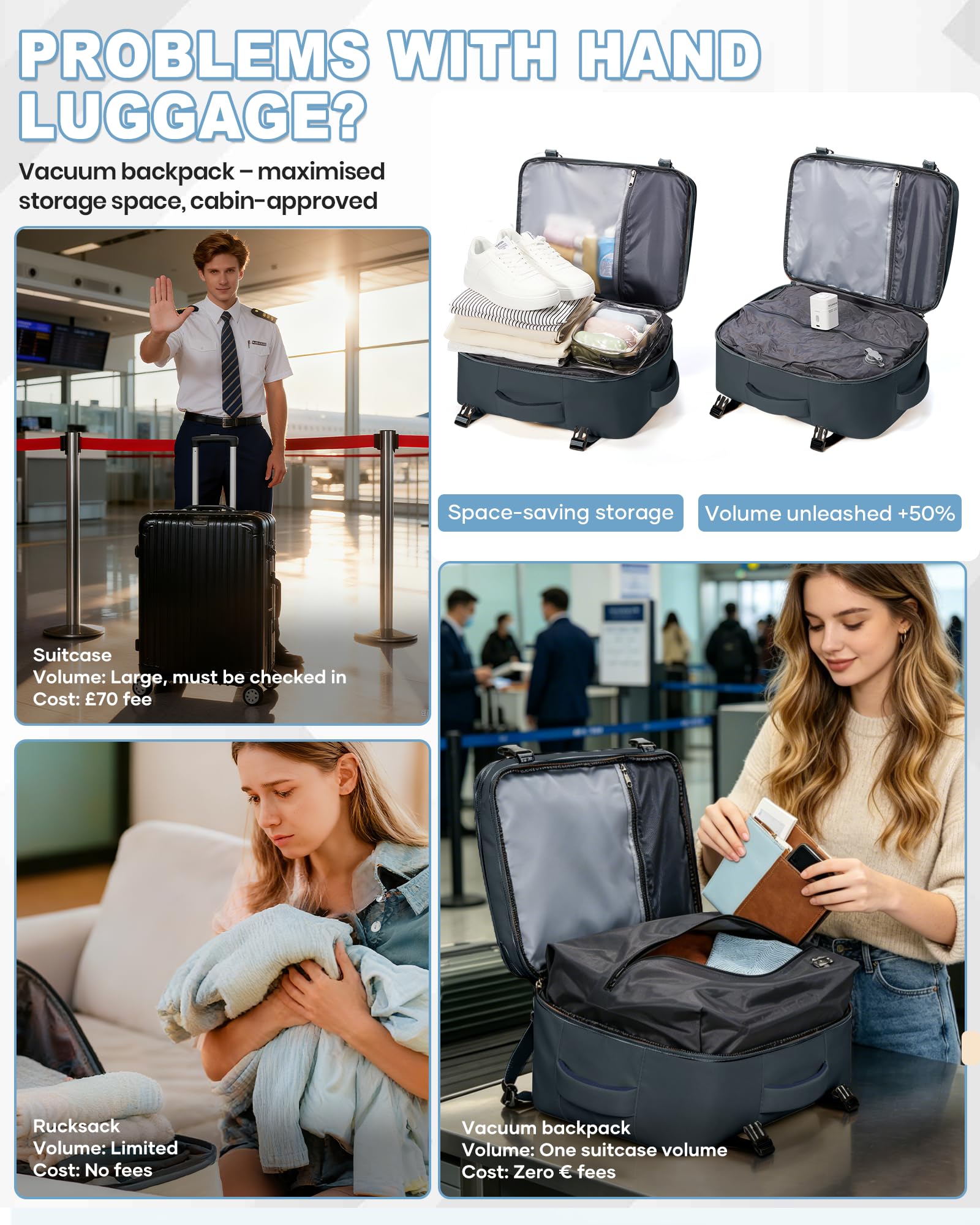 SZLX Plecak Próżniowy Bagaż Podręczny Dla Kobiet, Plecak Z Poduszką i Systemem Próżniowym Do Podróży, Plecak Podróżny Ryanair W Rozmiarze Kabinowym Z Pompką, Wodoodporna Walizka Próżniowa Dla Mężczyzn