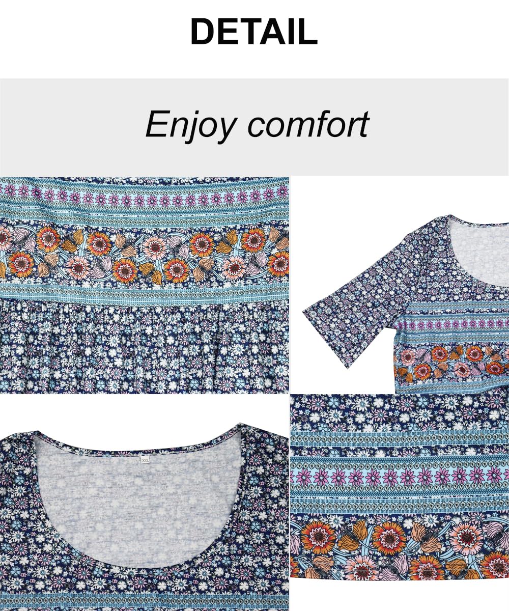 ABINGOO Mujere Vestidos de Verano Cuello Redondo Manga Corta Bohemio Floral de Playa Casual Midi Vestido Largos con Bolsillos