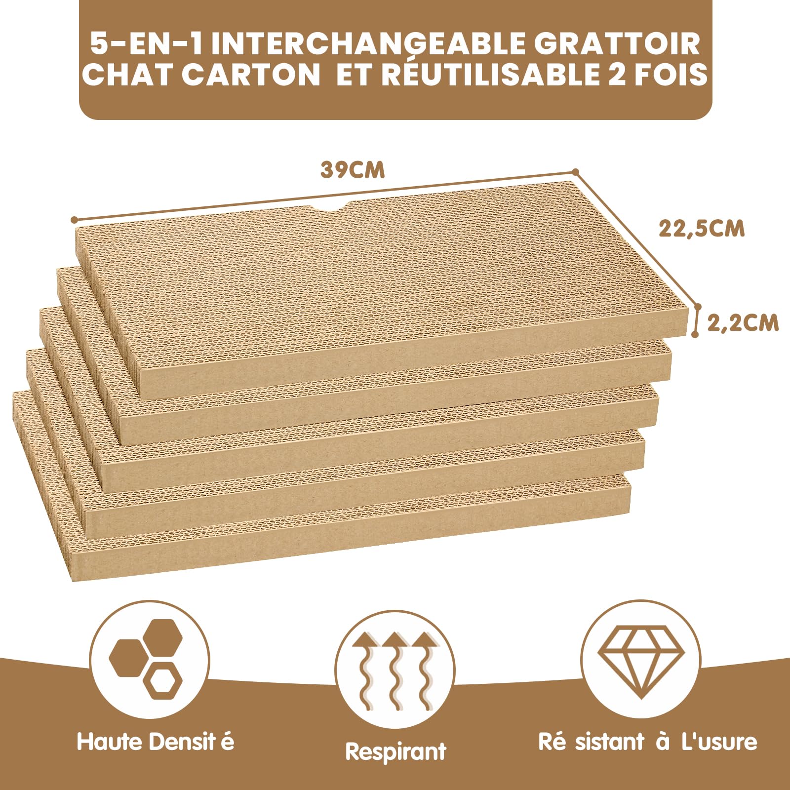 Ycozy Griffoir pour Chat 5 in 1 Réversible Grattoir Chats Carton Ondulé 5 PCS Carton pour Chat Interieur Planche à Gratter