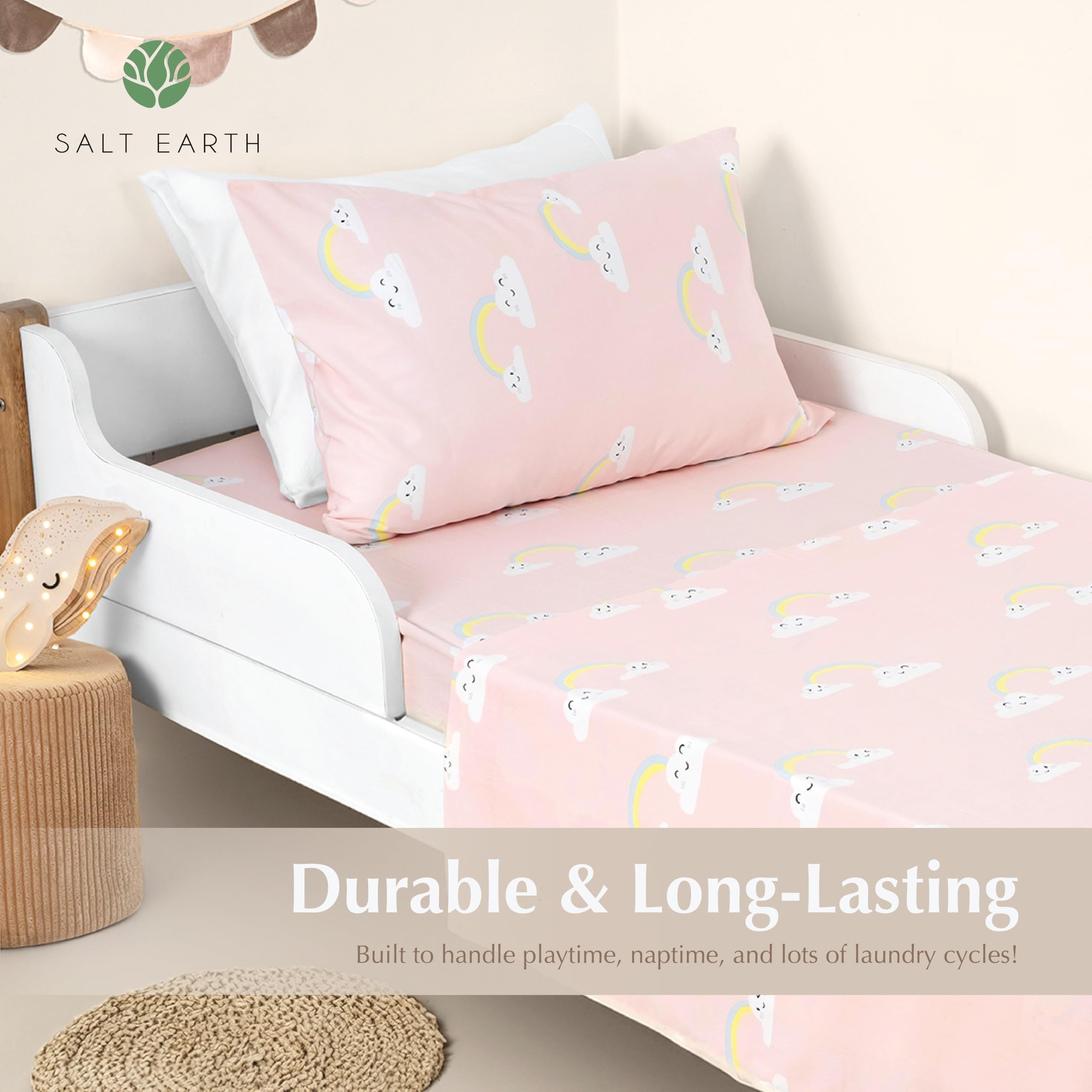 Salt Earth 100% Cotton 210TC Kids Bedsheet, Twin Sheets Set for Toddler Bed, 3 Piece Bedding Set Including Flat Sheet, Fitted Sheet, and Pillowcase, Themed Cute Sheets for Playful Kids Bed(Rainbow)