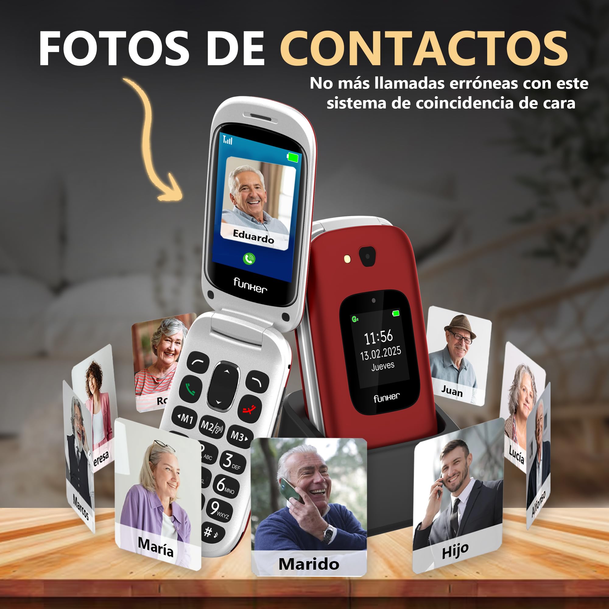 Funker E350 MAX Audio 3 Plus 4G, Teléfono Móvil con Tapa para Mayores, Pantalla Grande 2,8” y Pantalla Externa, Teclas Grandes, Audio Pro Compatible con Audífonos, Base de Carga, Botón SOS, Rojo