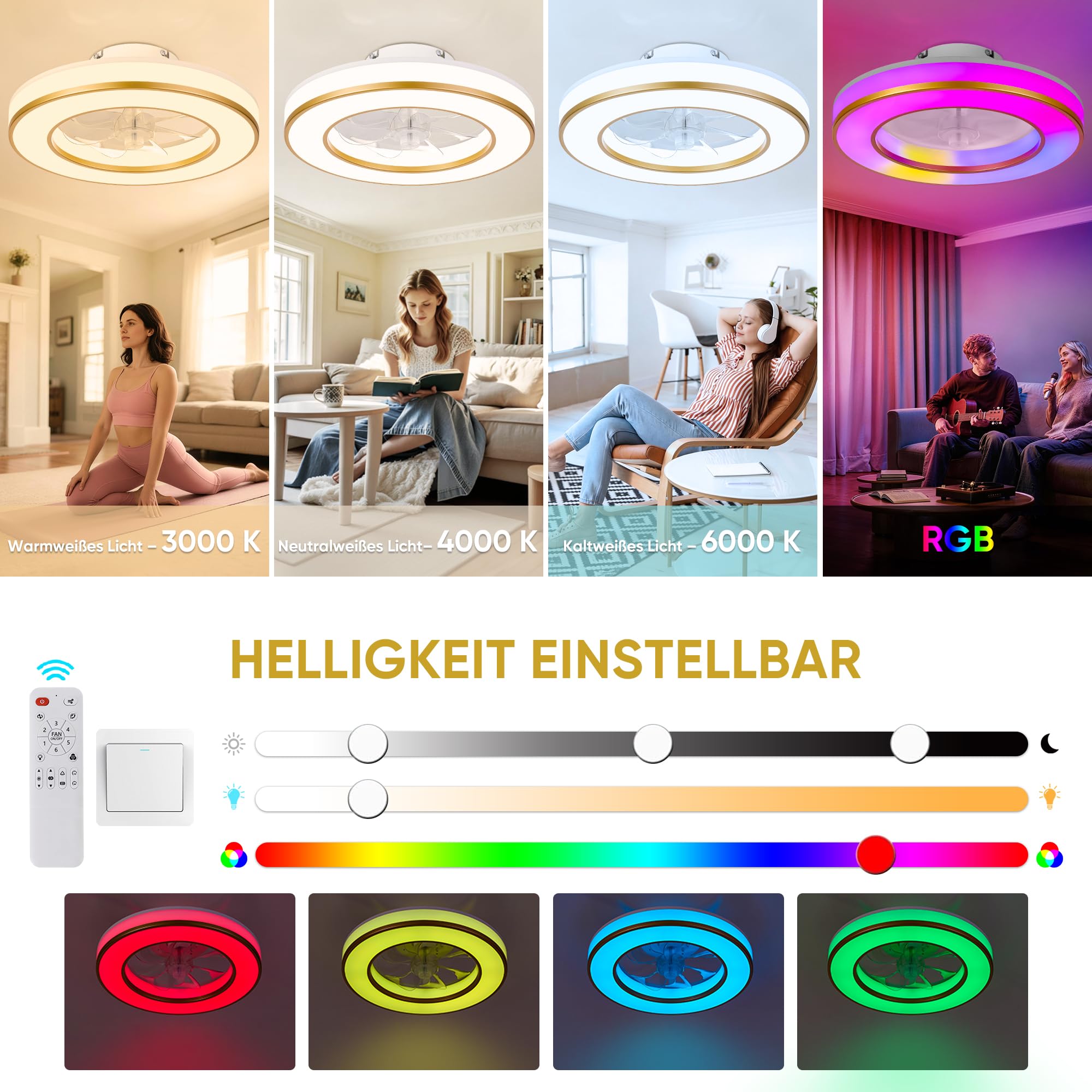 DOMANKI Deckenventilator mit Beleuchtung 42 cm RGB-Ambientelicht, Leiser DC-Motor, 6 Stufen Dimmbar, Sommer-/Wintermodus, Fernbedienung, Gold