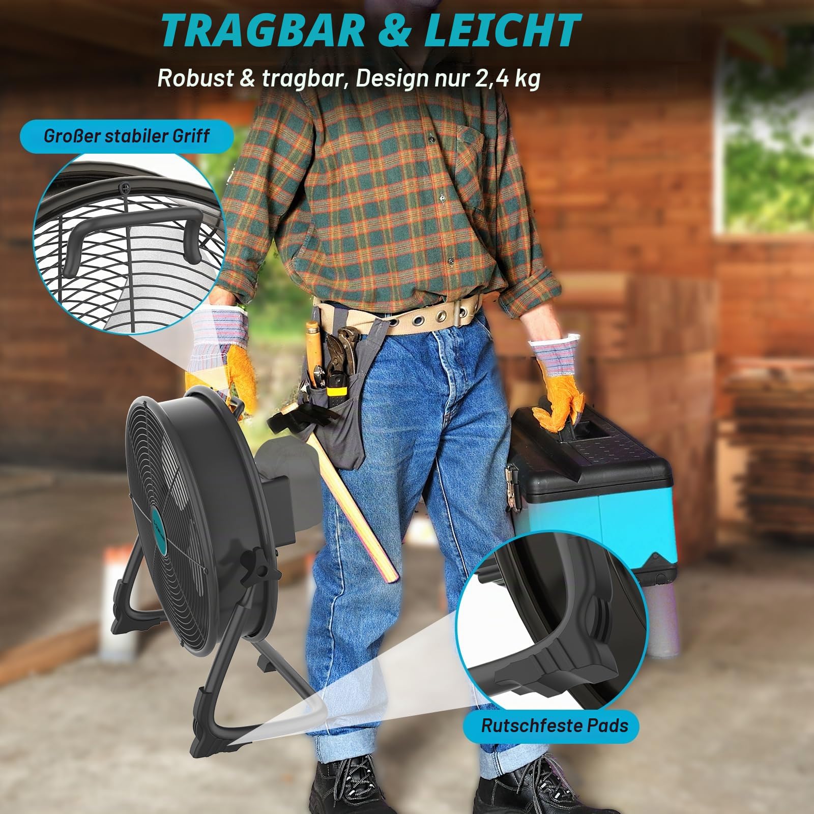 Batteriebetriebener Bodenventilator für Makita 18 V Akku, tragbarer Ventilator mit AC-Adapter und USB-Ausgang, Metall, industrielle hohe Geschwindigkeit, stufenlose Geschwindigkeit, kabelloser