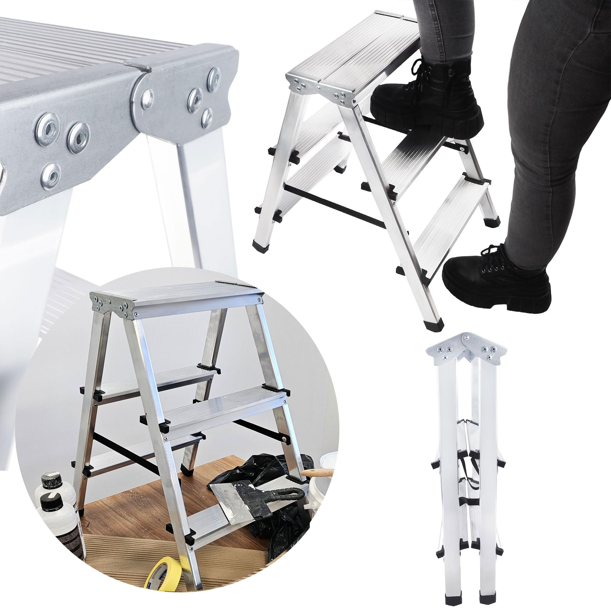 Drabina schodkowa, 3 stopnie aluminiowa, drabina stojąca, drabina wielofunkcyjna, składana, obciążenie do 125 kg, kolor srebrno-czarny