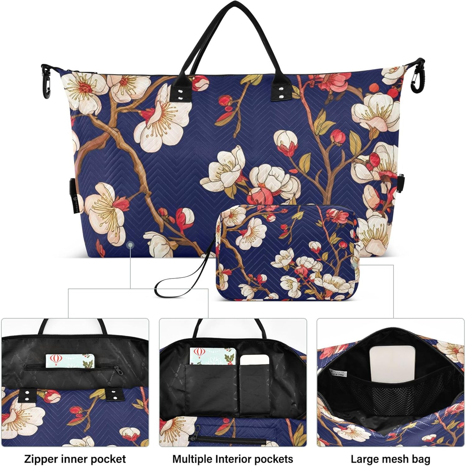 ダッフルバッグ レディース トラベル&amp;メイクアップポーチ 2個セット、かわいいプリント レディース 一泊 病院バッグ 桜の花