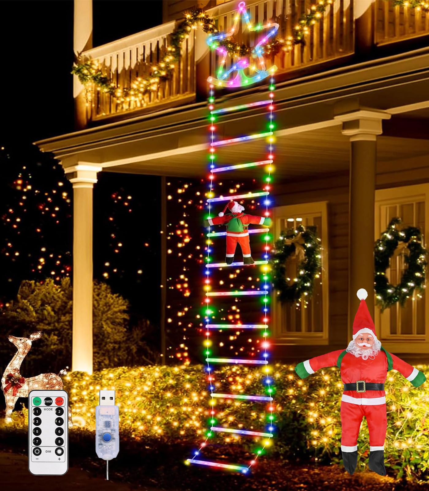 Guirnalda Luces de Navidad - 3 Metros LED Escalera Navidad Estrellas con Papá Noel, 8 Modos USB Luz Decoración con Control Remoto para Exterior Interior, Habitación, Balcón