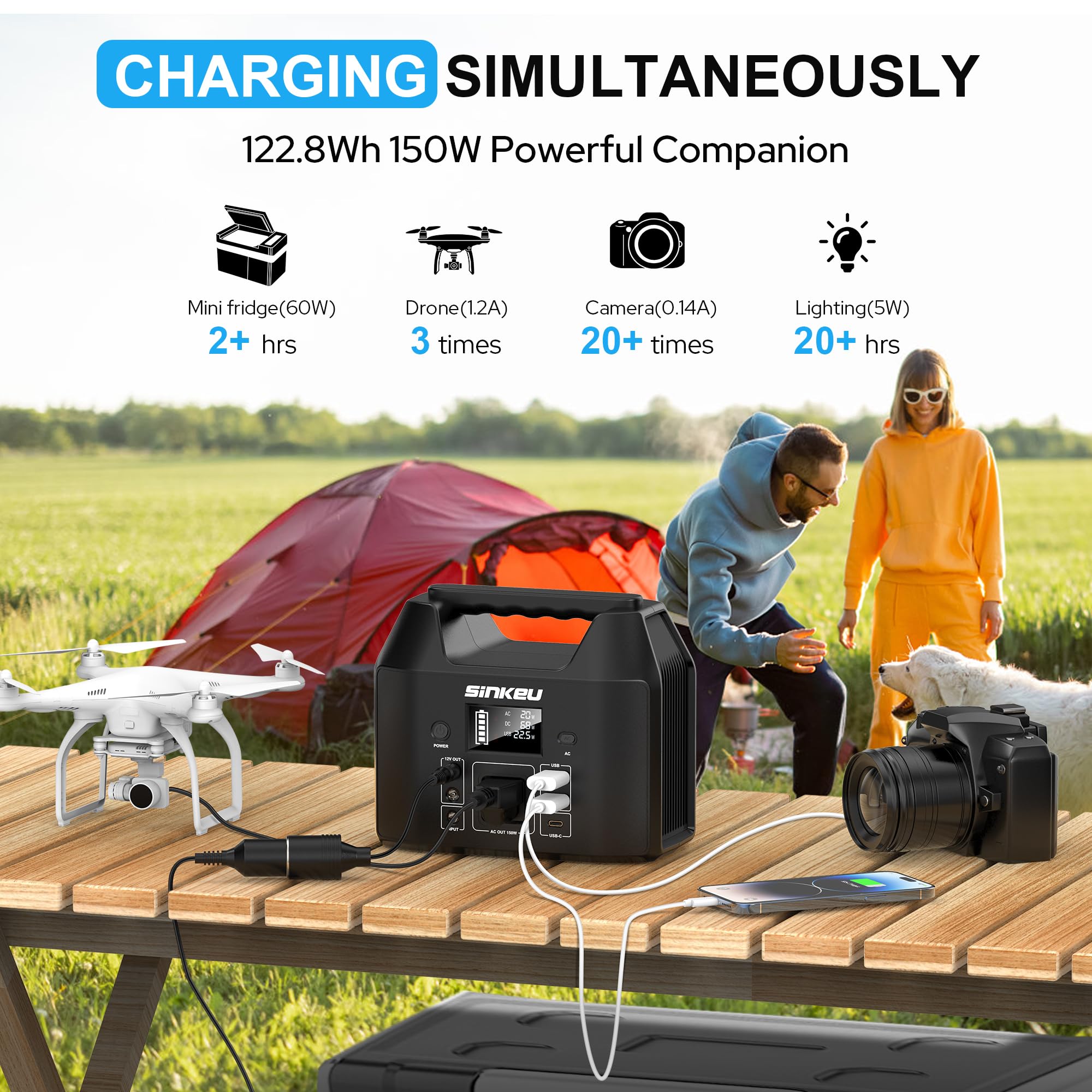 Estación de energía portátil de 122.8 Wh, banco de energía de 150 W con salida de CA | SinKeu LiFePO4 - Generador solar de batería para uso doméstico, camping, RV, respaldo de emergencia