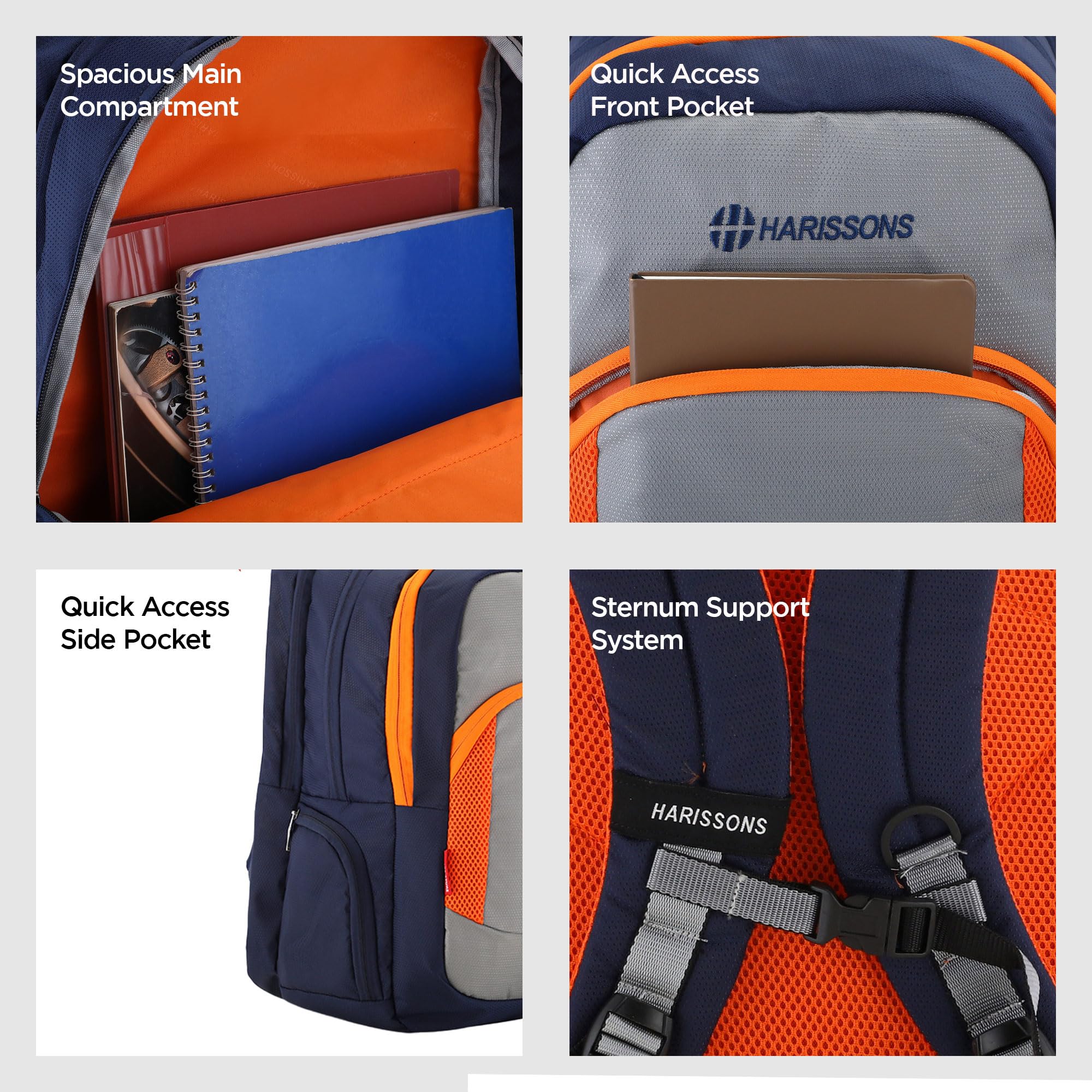 HARISSONS Xeno Travel Laptop Backpack | 40L | Fits 15.6" Laptop | Water-Resistant Dobby PU Polyester | USB Port, Rain Cover, Reflectors, Sternum Strap | Work, College & Commute (Blue & Orange) 2