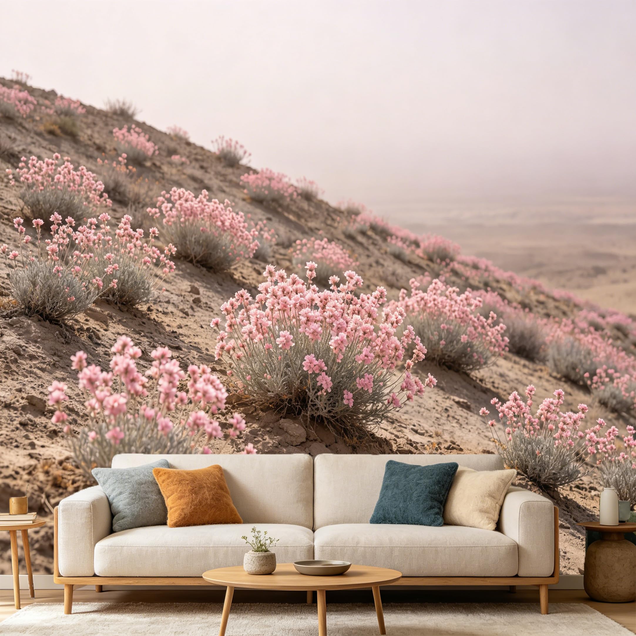 Custom Size Wall Mural Desert Botanical Pink Flower Hillside Landscape SelfAdhesive Art Prints wall Fabric（No PVC） Removable Wallpaper Home Bedroom Decor