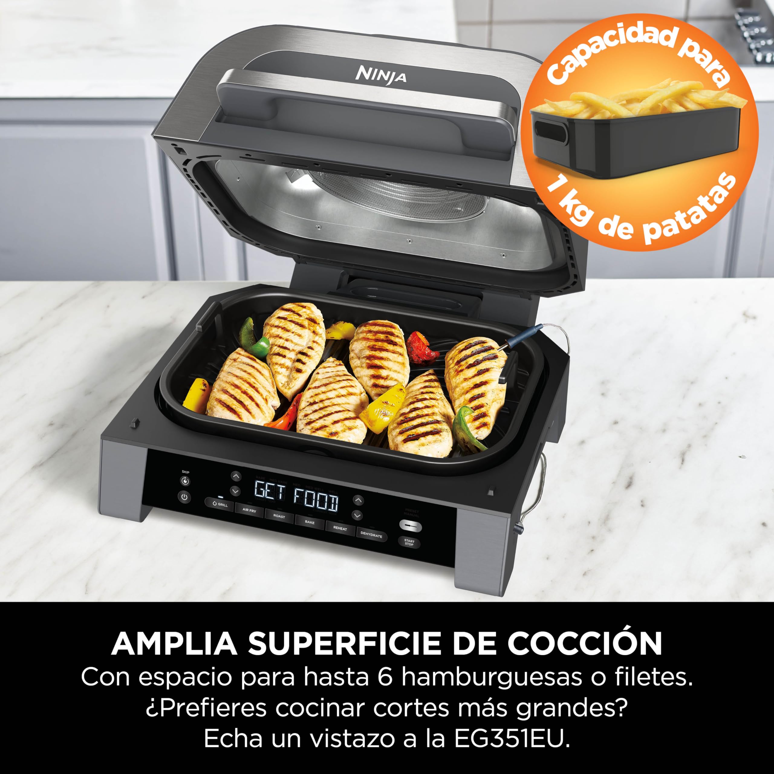 Ninja MAX 6 en 1 Freidora de aire y parrilla de interior, 6 funciones de cocción sin humo, cocina hasta 6 hamburguesas, capacidad de 3,8 l, incluye termómetro digital para carne, gris/plata, DG551EU