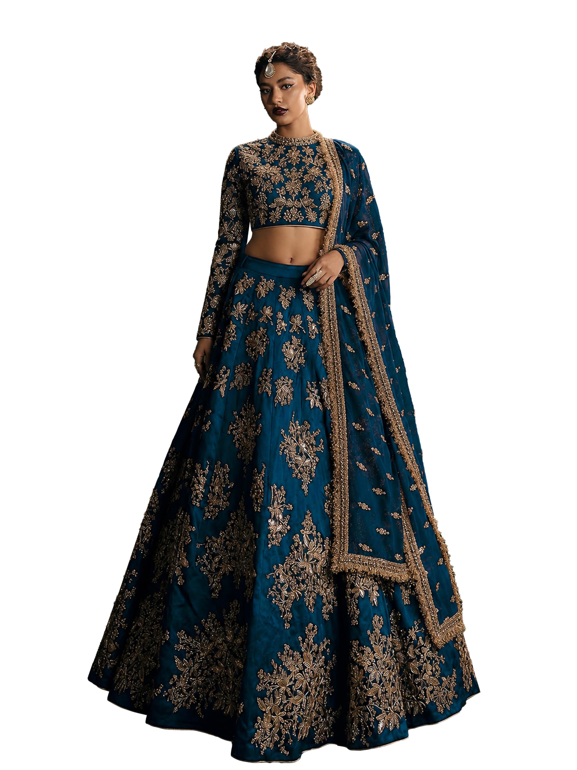 Women's Designer Satin Sequins Embroidery Work Bridal Lehenga with Unstitched Blouse and Net Dupatta (L336-Morpeach)-image-44