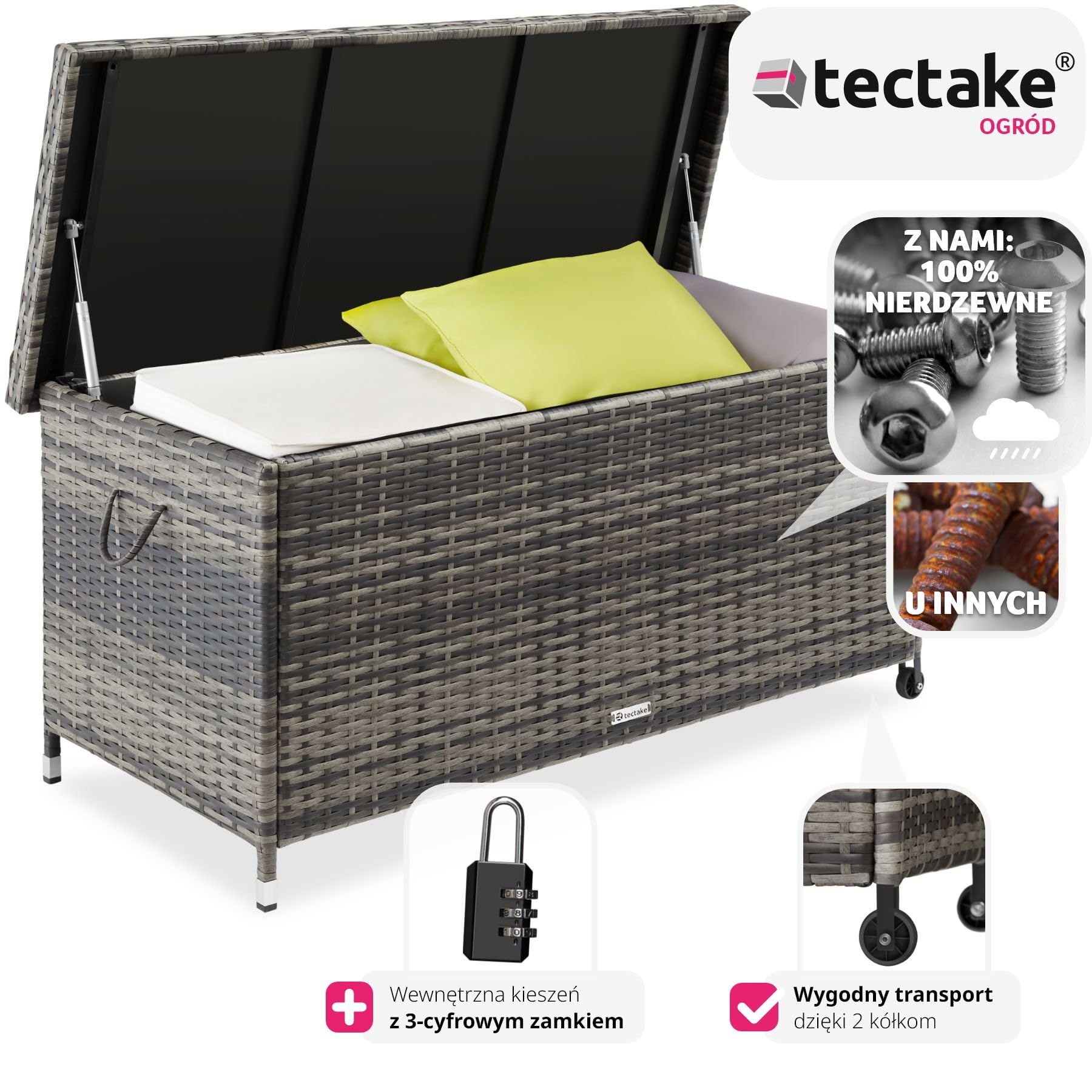 tectake® Uniwersalna Skrzynia Ogrodowa, Duża Pojemność 297l, 117x54x64cm, Trwała Plecionka z Polirattanu, Wytrzymała Rama z Aluminium, Wzmocniona Pokrywa z Systemem Sprężyny Gazowej (Szary)