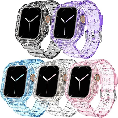 Miniatura 1 de DABAOZA 5 paquetes Compatible con correa transparente para Apple Watch con funda antigolpes, correa de reloj de cristal de gelatina para mujeres y