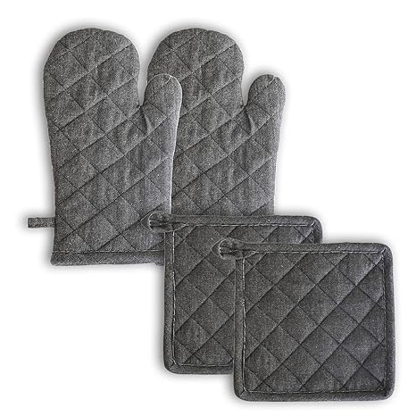 Ecotribe 2 Oven Mitts and 2 Pot Holders Set-Cotton Heat Resistant Pot Stand and Kitchen Gloves-Heat Proof-Free Size-Combo Set, Grey