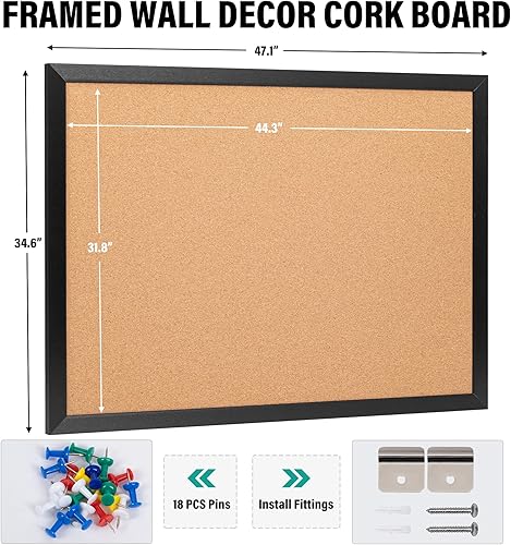 Miniatura 3 de Tablero de anuncios de corcho de 48 x 36 pulgadas, marco de madera negra, corchos de 4 x 3 pulgadas para pared, tablero de anuncios grande montado