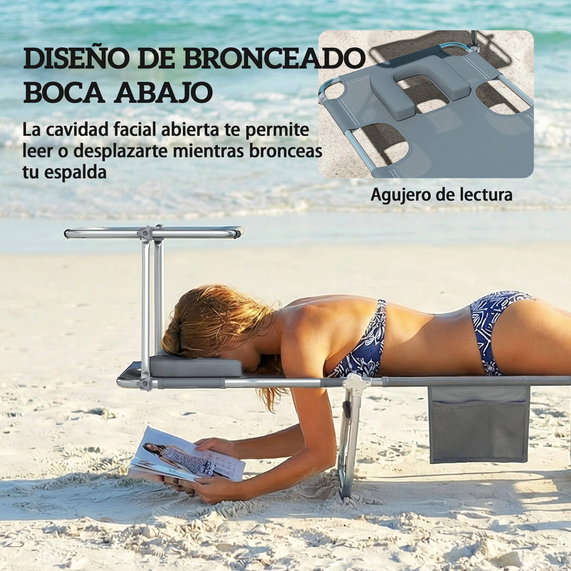 Outsunny Set de 2 Tumbonas Jardín Exterior, Tumbonas Plegables con Reposacabezas, Dosel 360°, Orificio Facial, Bolsillo Lateral, Respaldo Reclinable 5 Posiciones y Textilene 550 g/m² para Playa, Gris — view 5