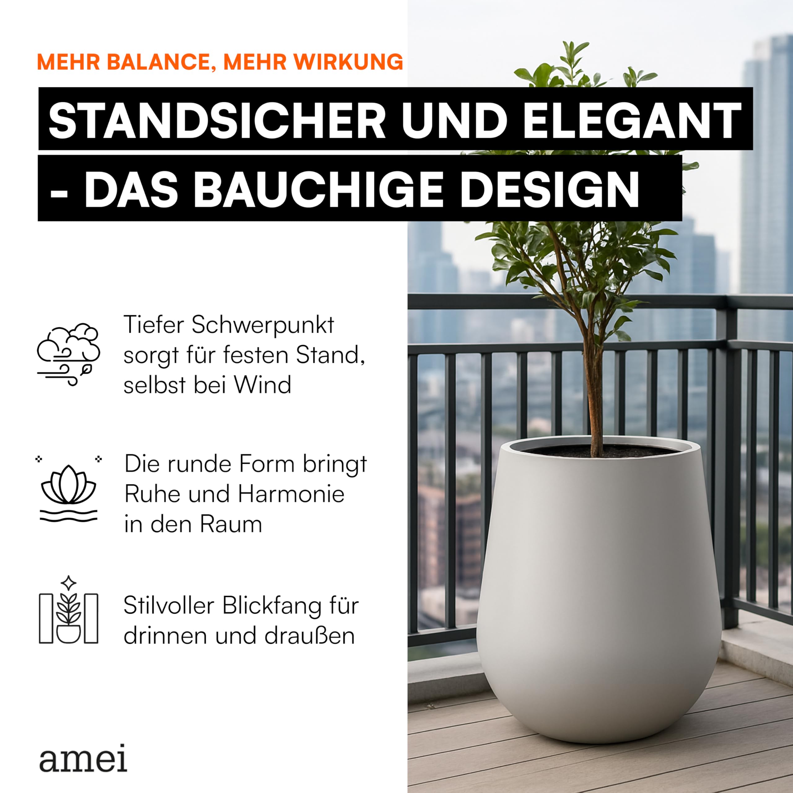amei Der Bauchige Pflanzentopf Gross ⌀ 51 cm (Grau) – Blumen Kübel in edler Optik – Handgefertigter Pflanzen Kübel aus robustem Stonefiber – Witterungsbeständig und langlebig