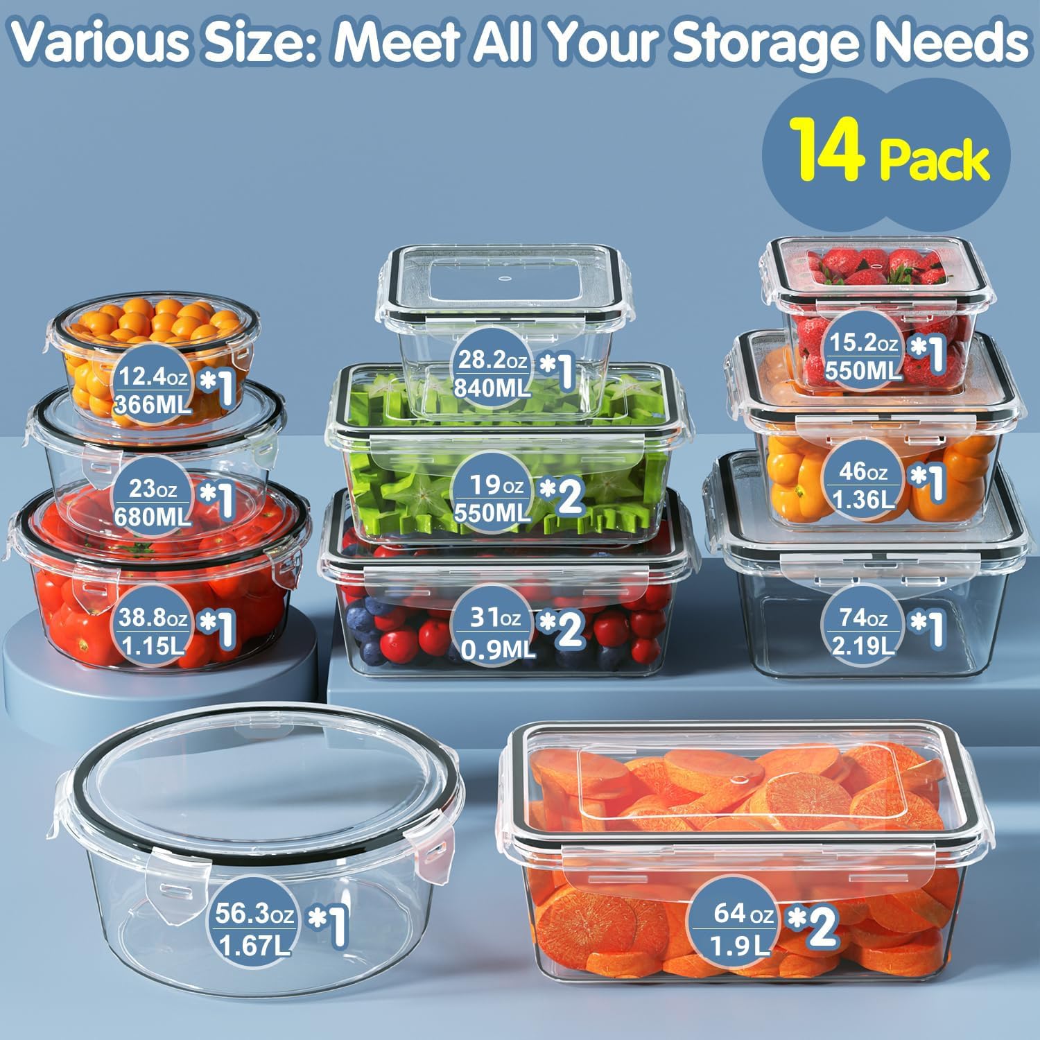 28 contenitori per alimenti con coperchio, contenitori extra large per congelatore, senza BPA, per carne, frutta, verdura, contenitori in plastica per alimenti con coperchio, contenitori ermetici a