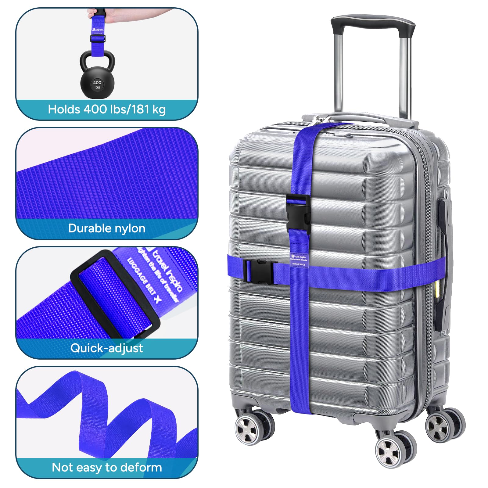 travel inspira paski do walizek, 2 sztuki, 104–195 cm, regulowane paski na walizki, efektowne paski na walizki do identyfikacji – paski na walizki do walizek podróżnych 20"–32" (niebieskie)