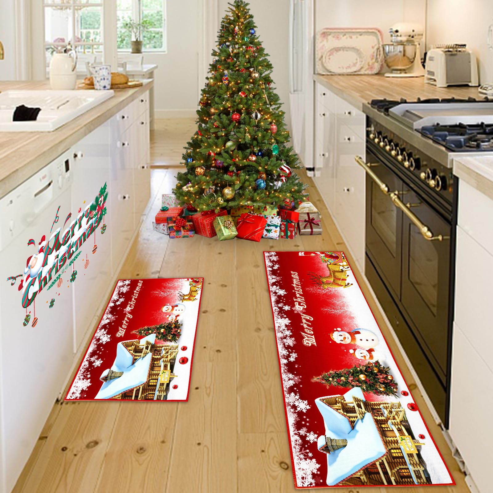 Kitchen Rugs Set 2 Piece,Christmas Kitchen Rugs,Christmas Kitchen Mats Sets Standing Floor Mat Non Slip Xmas Kitchen Mats for Bedroom, Living Room, Hallway, Kitchen (43x75+43x150cm, Christmas A)