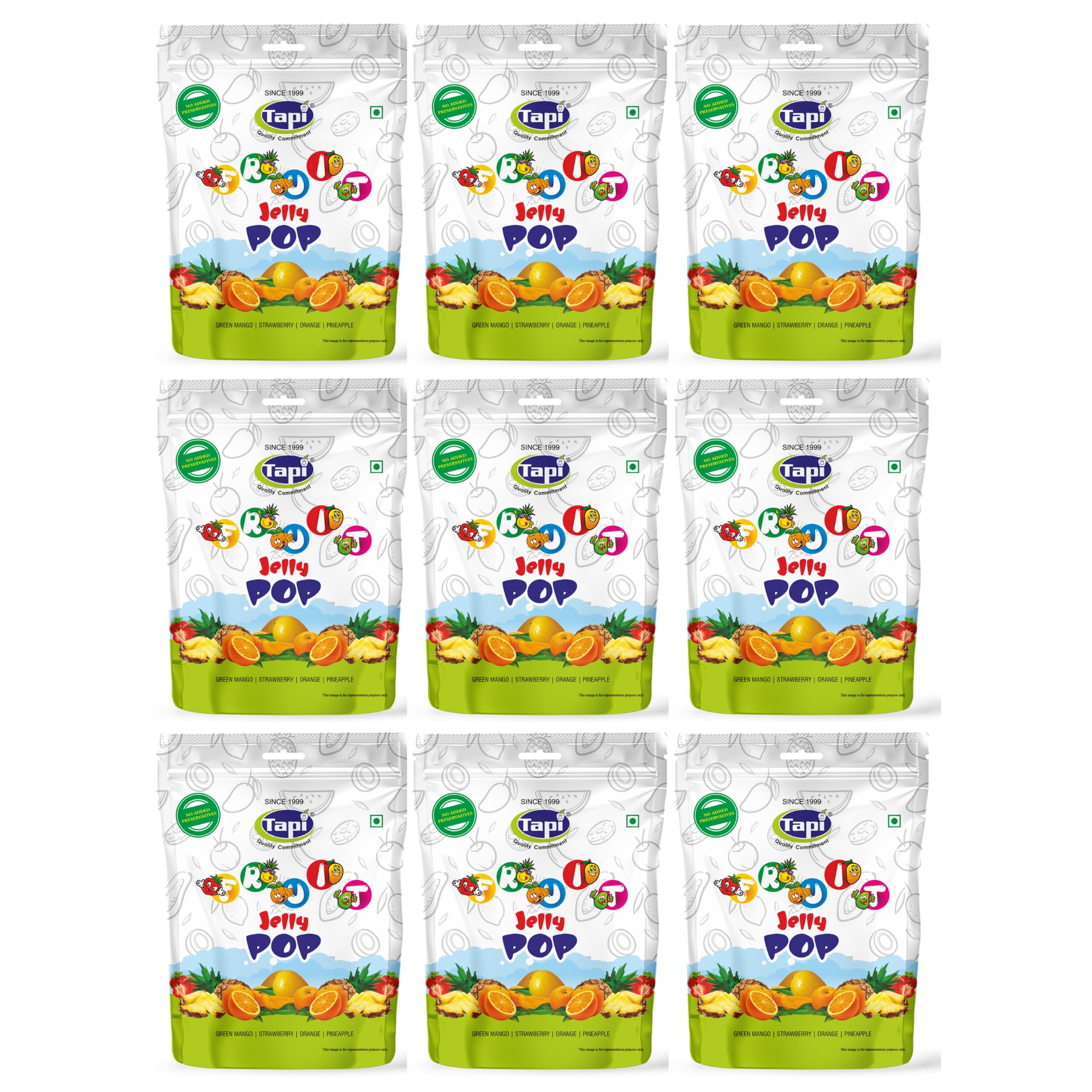Fruity Jelly Pop | Assorted Fruit Flavoured Jelly Candy with 25% Fruit Pulp | No Added Preservatives | Green Mango, Strawberry, Orange & Pineapple | 150g Each (Pack of 9)