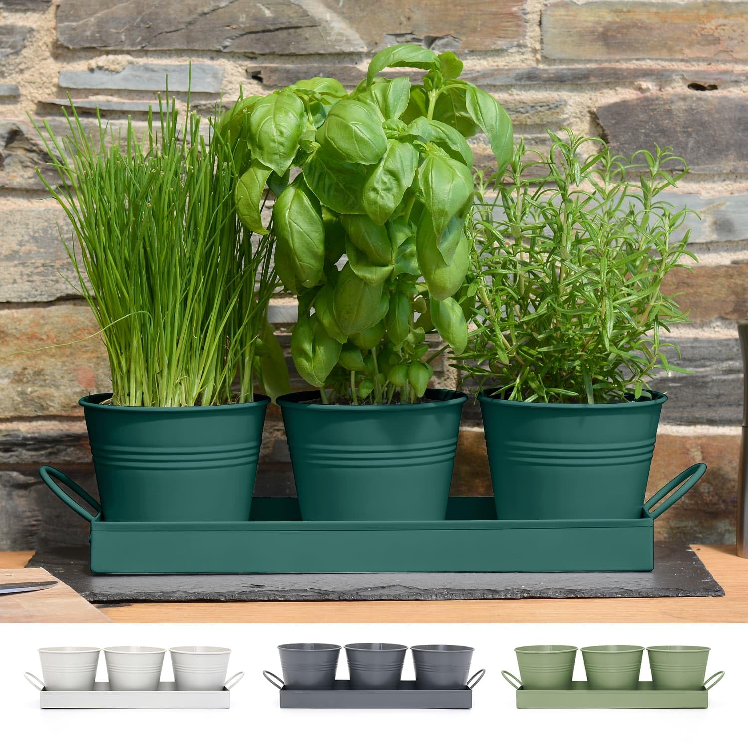 CKB LTD Set of 3 Metal Herb Plant Pots with Drip Tray Traditional Indoor Windowsill Coloured Planter Box for The Kitchen Grow Your Own Herbs for Cooking (Dark Green)