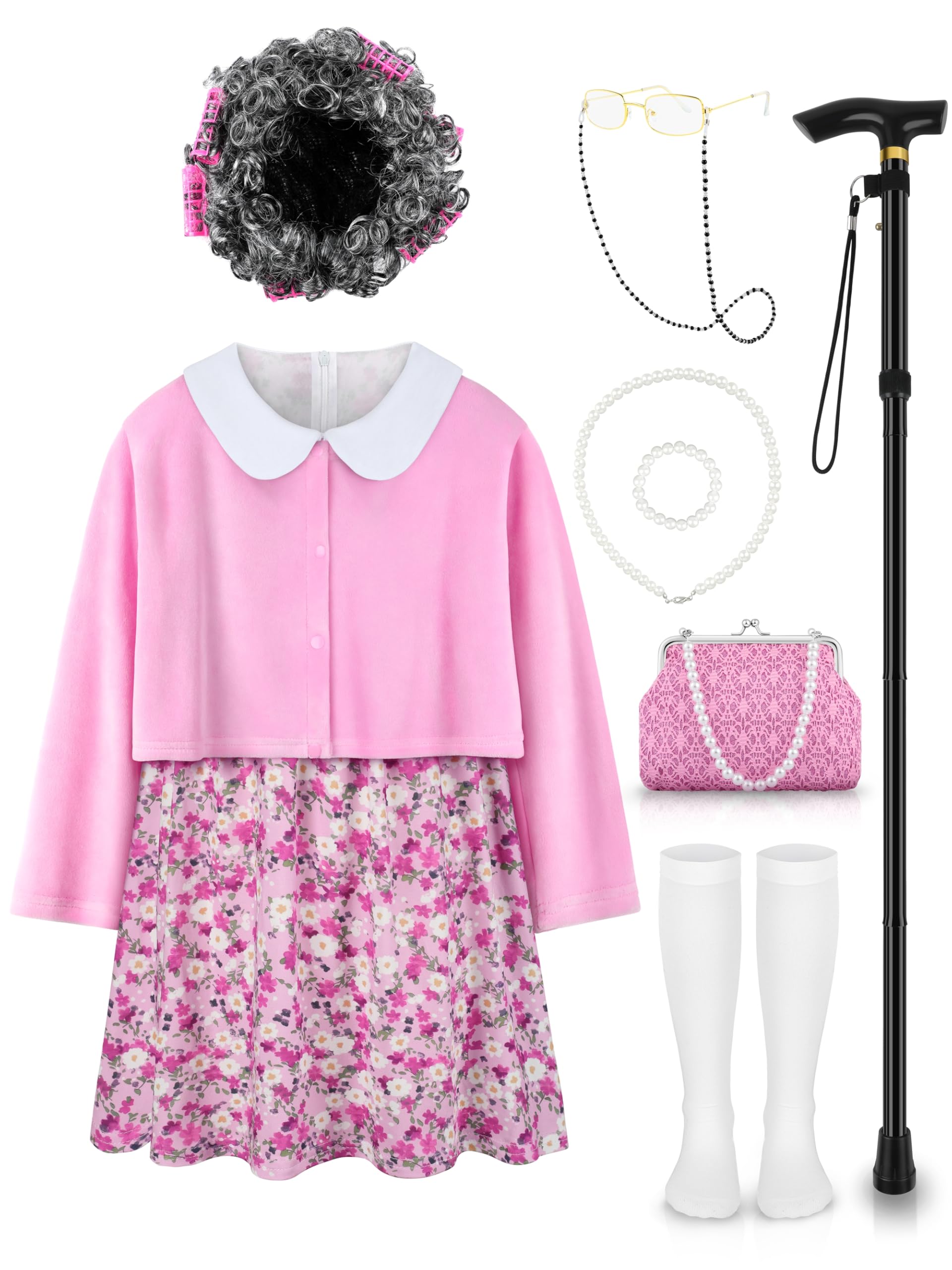 Old Lady Costume for Kids 100 Days of School Costume for Girls 100th Day of School Granny Old Lady Dress Up Accessory