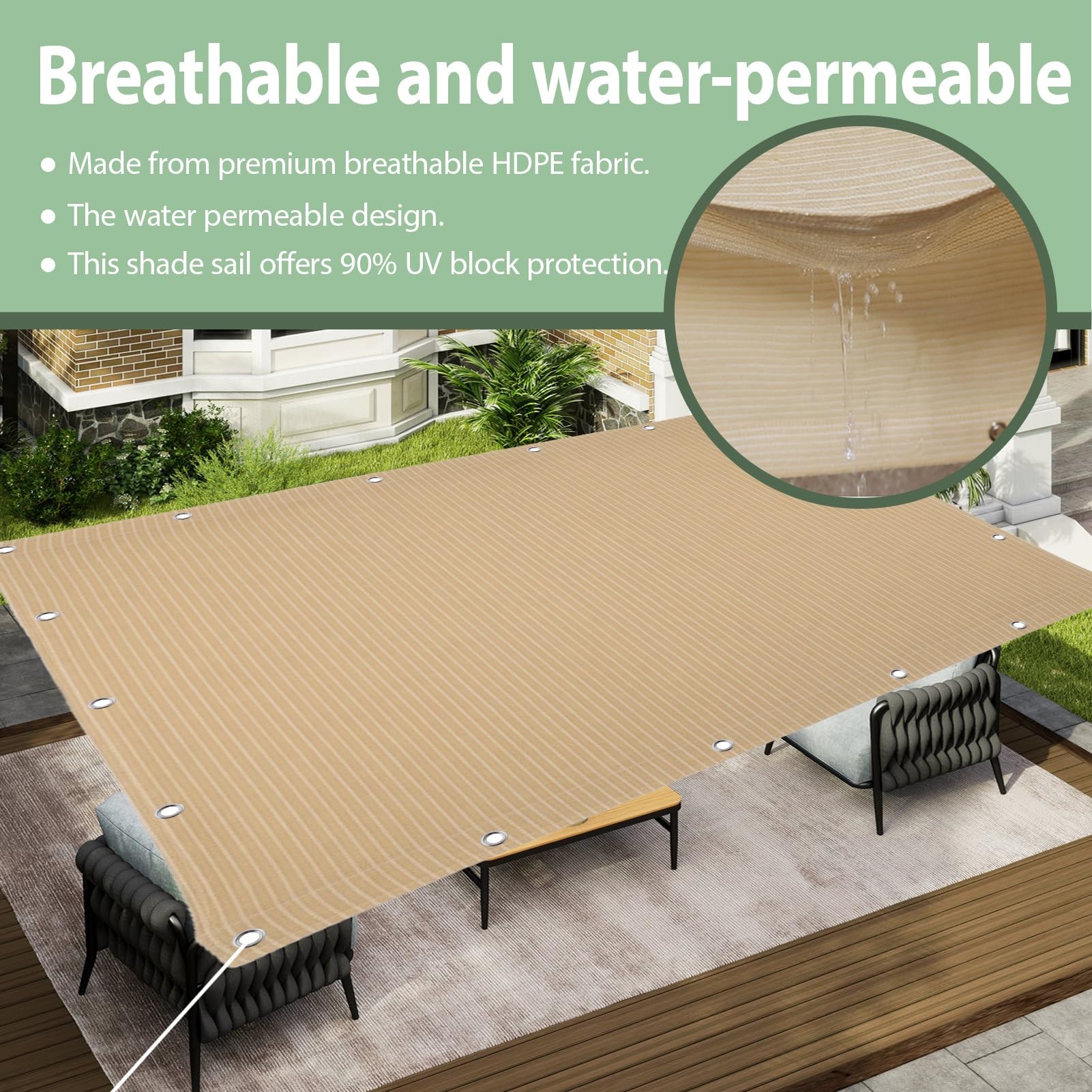 Vela Ombreggiante HDPE Rettangolare 255 x 430 cm 90% Protezione UV Rettangolare Traspirante Vela Ombreggiante Tela Leggera per Patio, Cortile e Piscina, Beige
