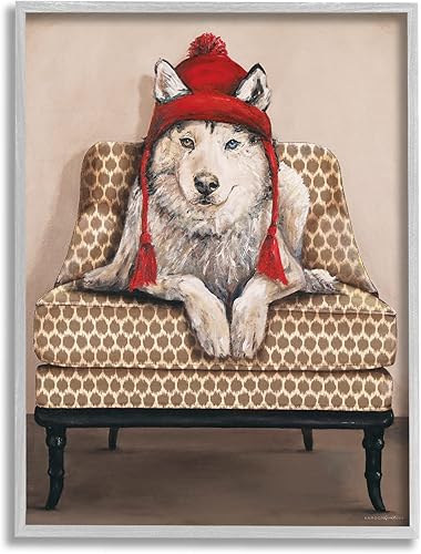 Stupell Industries Silla de sala de estar con sombrero rojo Husky de invierno, diseñada por Kamdon Kreations, arte de pared enmarcado en gris, 11 x
