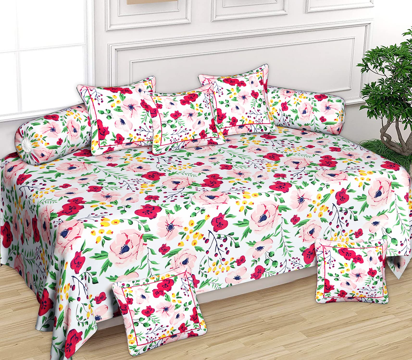 Kuber Industries Flower Printed Desginer 8 Pieces Cotton Diwan Set (White & Pink)-44KM0175-picture-31