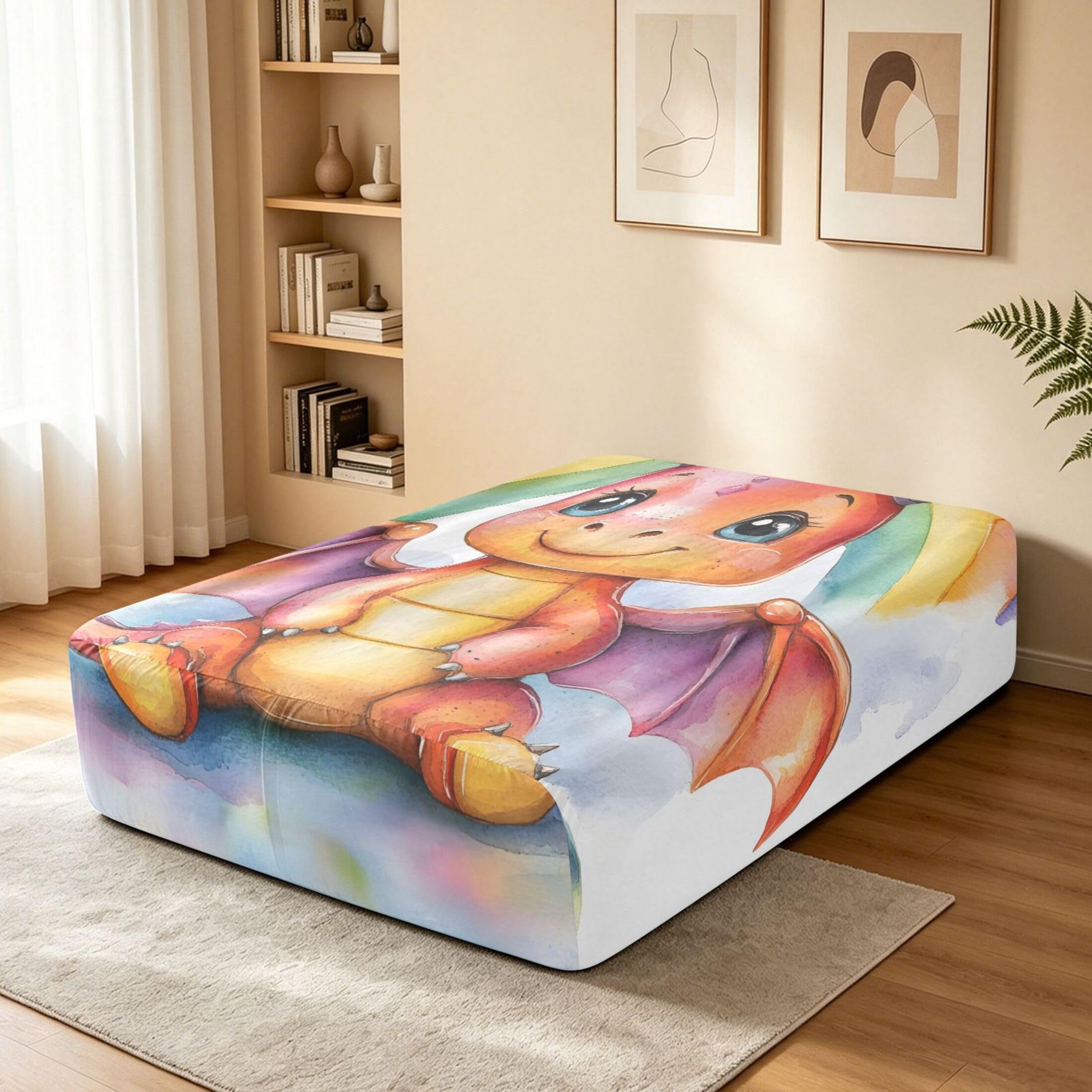 Sábana bajera tamaño individual con diseño de dragón de acuarela para colchón de aire, bolsillo extra profundo de 24 pulgadas, funda suave y transpirable con apertura de válvula de cremallera