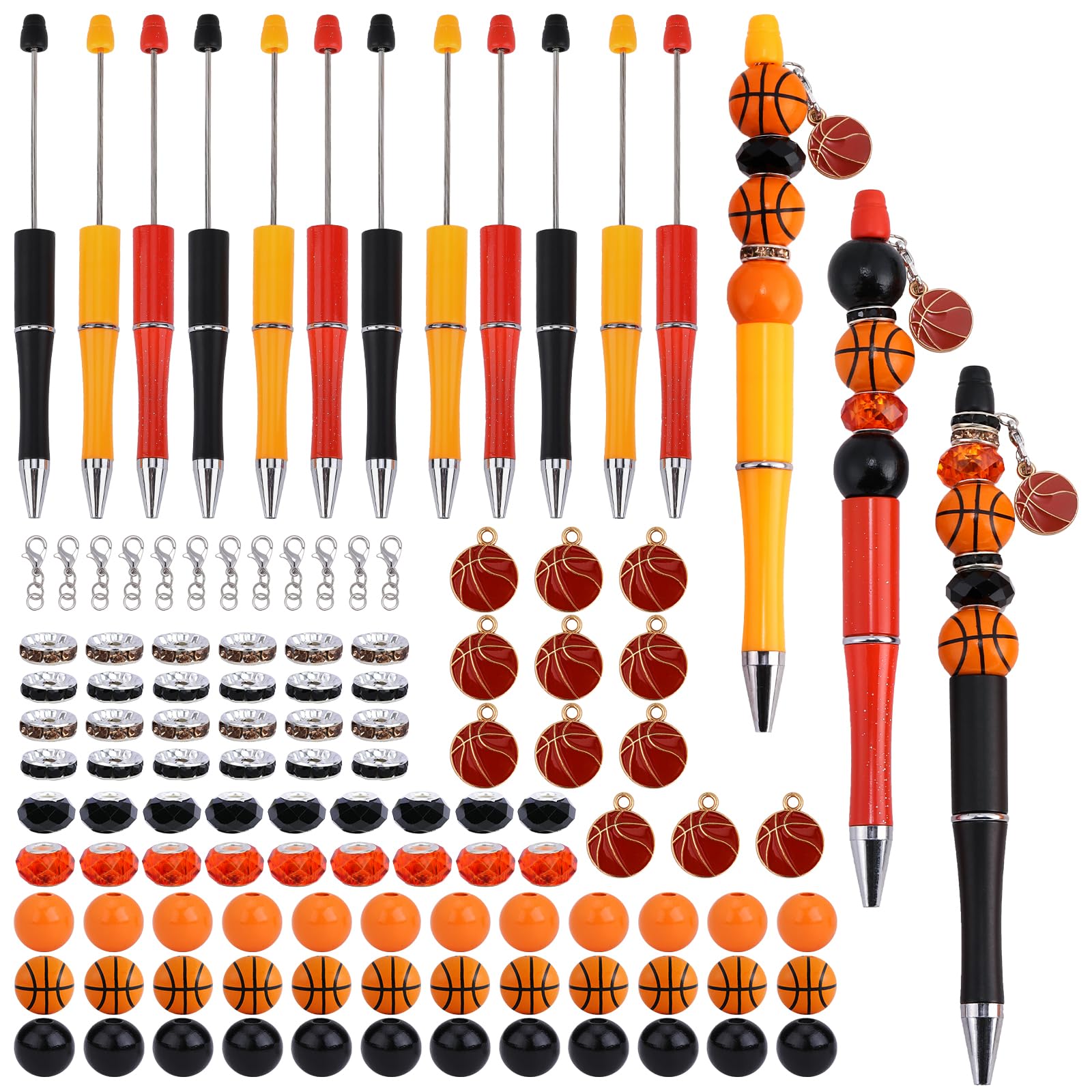 WEWAYSMILE 12pcs Bead Pen Bulk DIY Beaded Pens with Black Ink Beadable Pens Kit Colorful Basketball Pendant for DIY Gift Students Office School Supplies