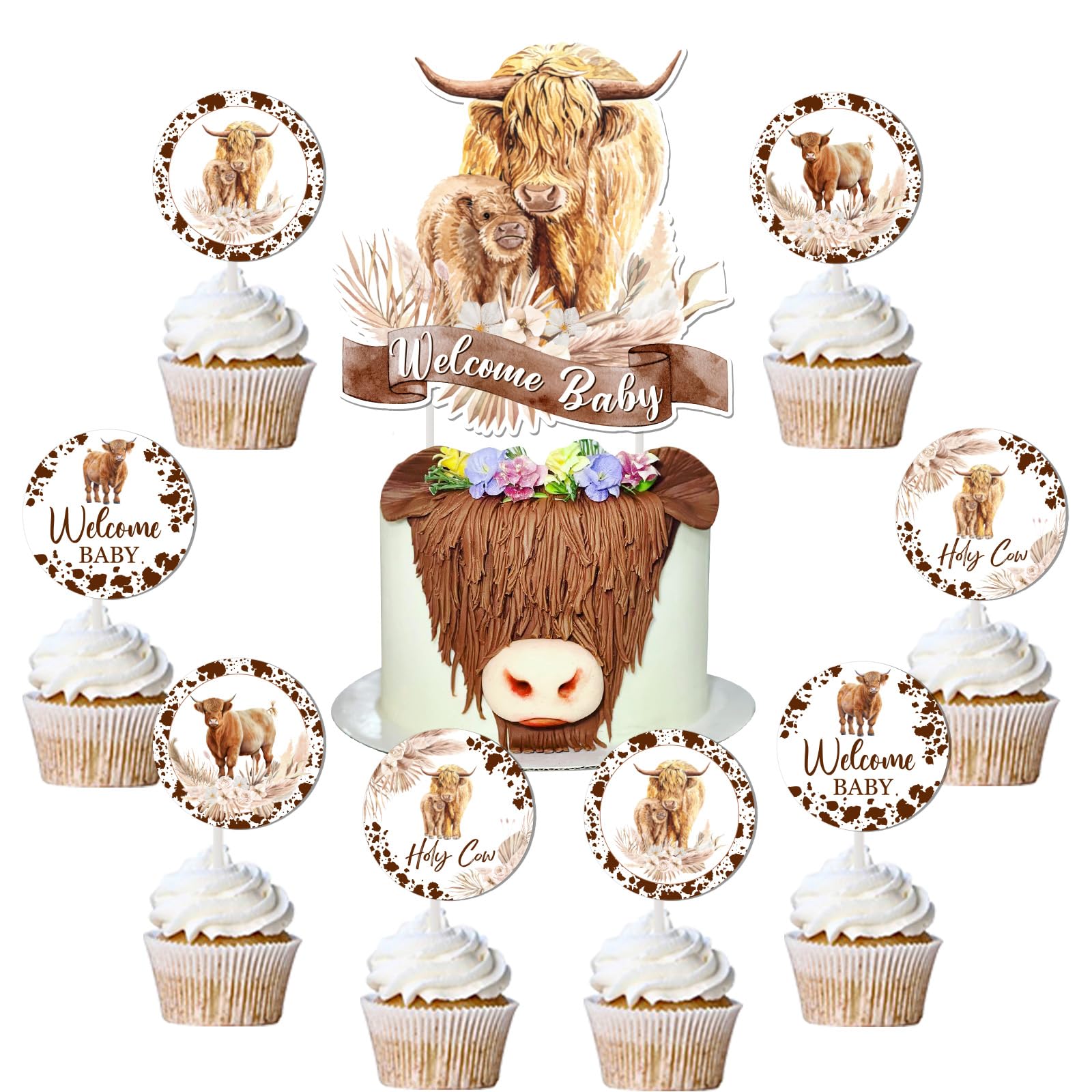 JOYMEMO Highland Cow Baby Shower Cake Decorations Boho - Welcome Baby Highland Cattle Cake Topper, Cupcake Toppers, Wild West Cowboy Cowgirl Baby