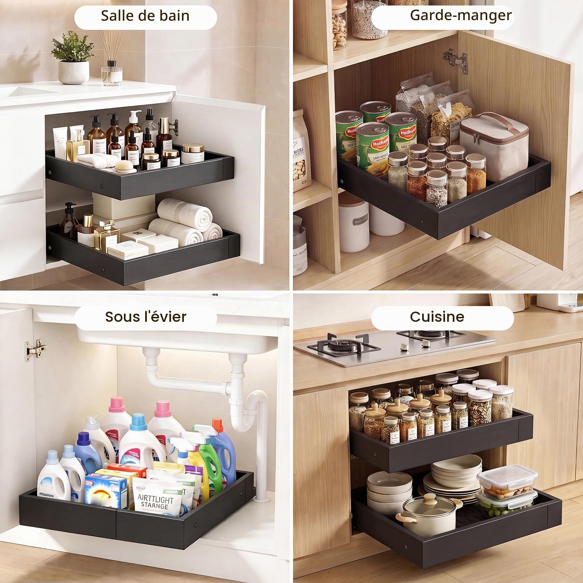 Lot de 2 Tiroirs Coulissants de Cuisine à 4 Directions, Noir | Tiroir Télescopique, Largeur 30-48cm & Profondeur 36-55,5cm, pour Armoires avec/sans Cadre, Structure en Métal, Sans Perçage