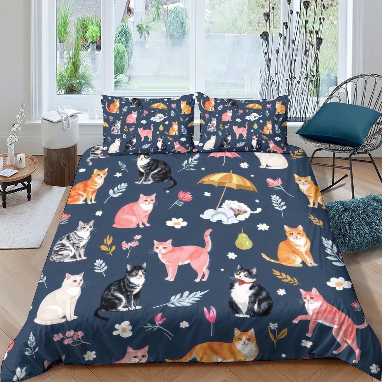 Ctjqhvkz Style-5 3D Printed Cartoon Cat Fitted Sheet Microfiber Soft Breathable Navy Blue Animal Pattern Mattress Cover For Bedroom Guestroom Single（135X200cm）