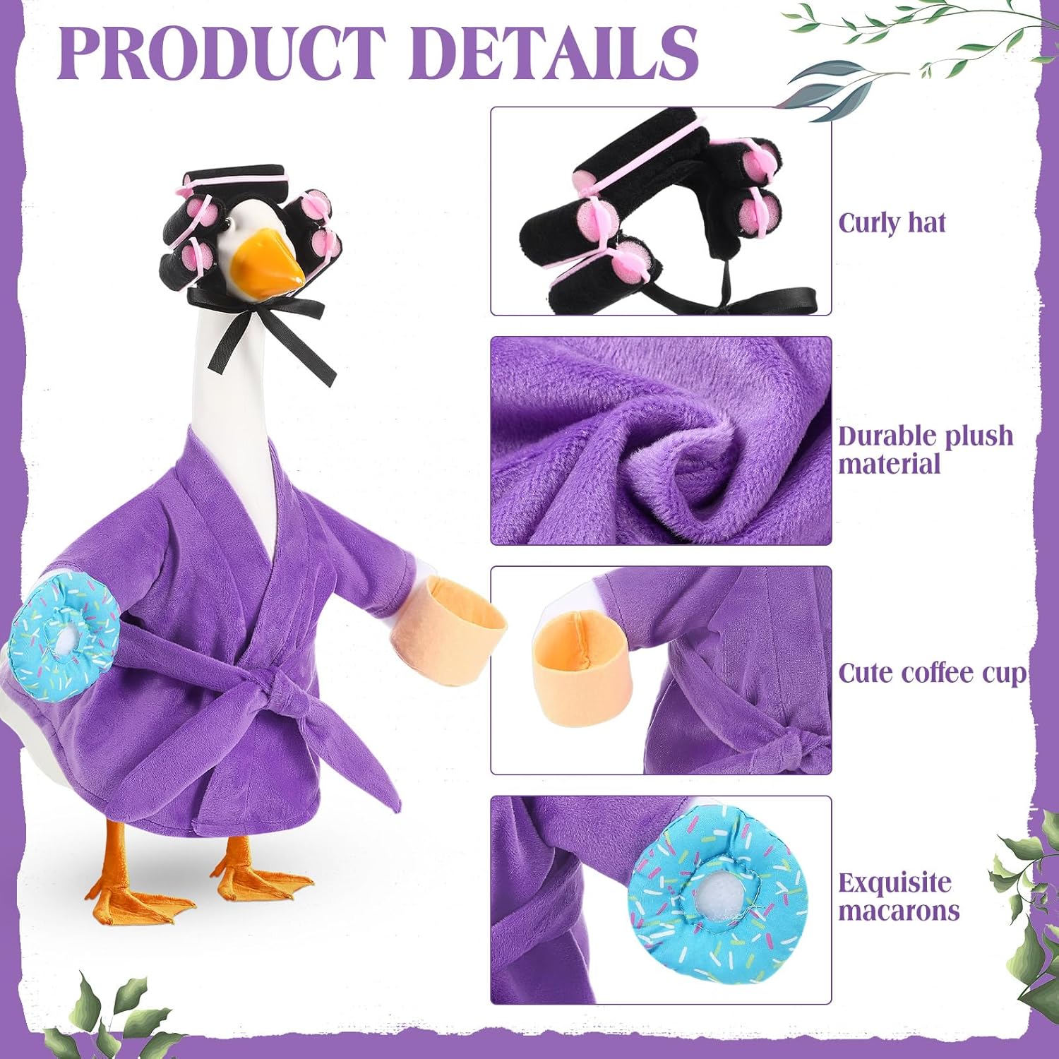 Lady Porch Goose Outfit for 17'' Cement Plastic Lawn Goose Statue Clothes Purple Bathrobe Coffee Cup Curlers for Outdoor Garden Yard Patio Decoration - Image 3