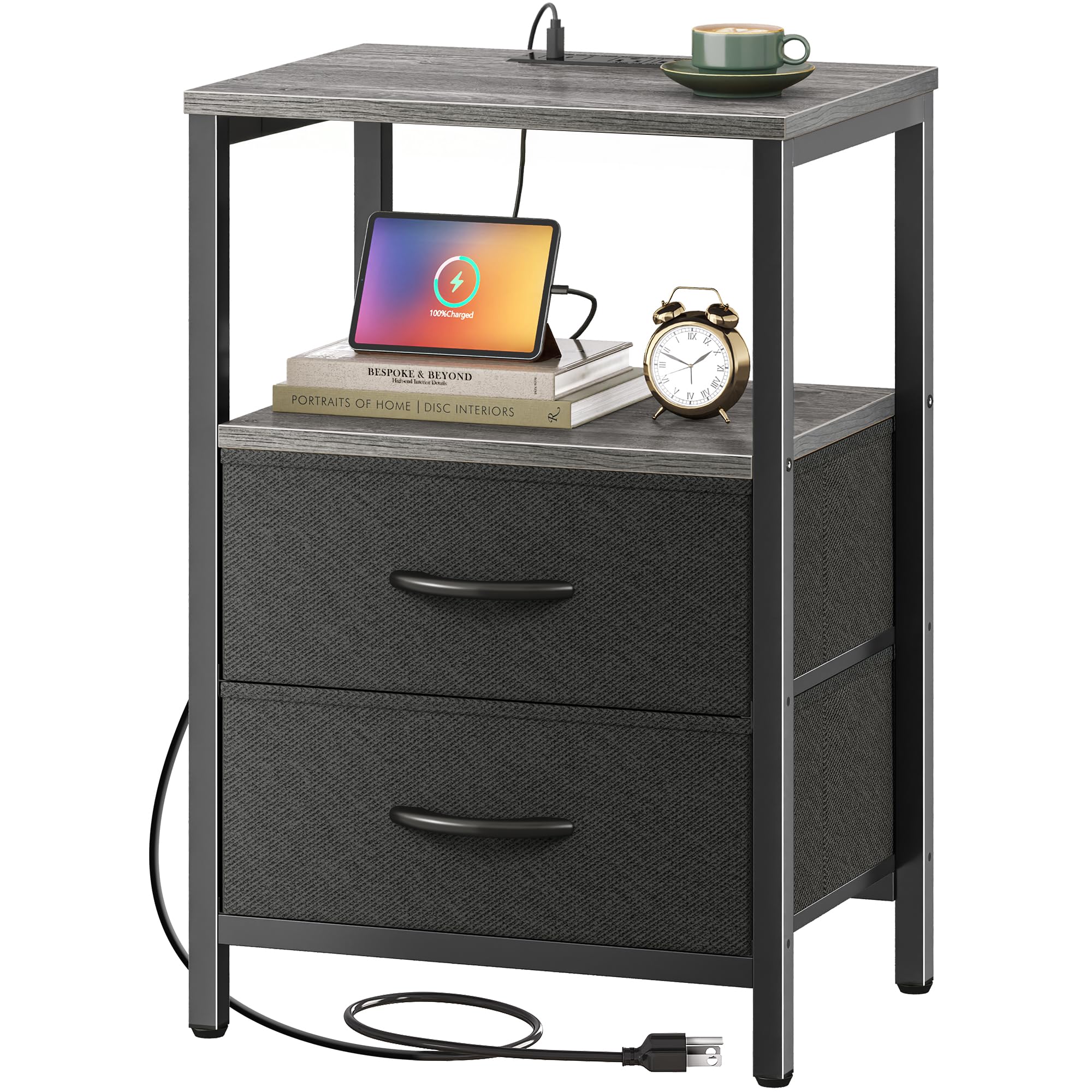 Huuger Nightstand with Charging Station, Side Table with Fabric Drawers, End Table with Open Shelf, Bedside Table with USB Ports and Outlets, Night Stand for Bedroom, Charcoal Gray