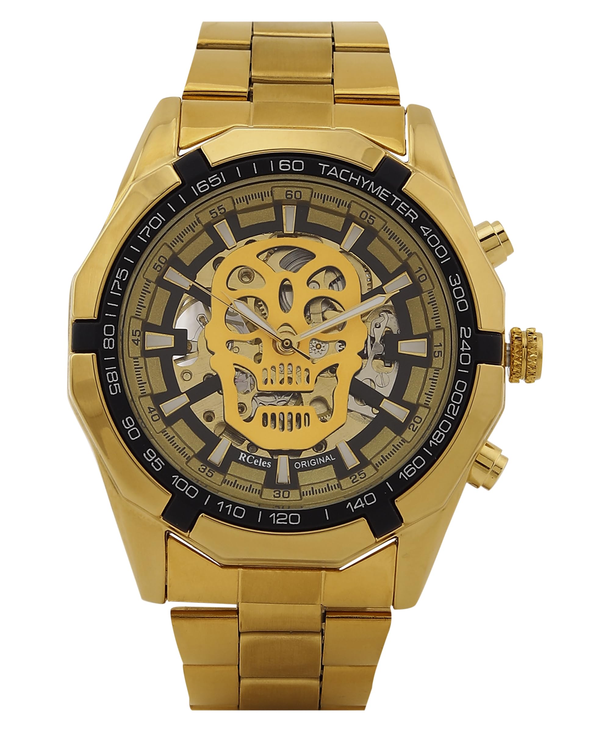 RCELES Chronograph Watch for Men Analog Quartz Stainless Steel Chain Gold Diamond Watches/Water Resistance Casual Watch for Mens Wrist & Gifting Purpose with Automatic Mechanical Functioning-(Gold) (B0CDMFD8WC) Amazon Price History, Amazon Price Tracker