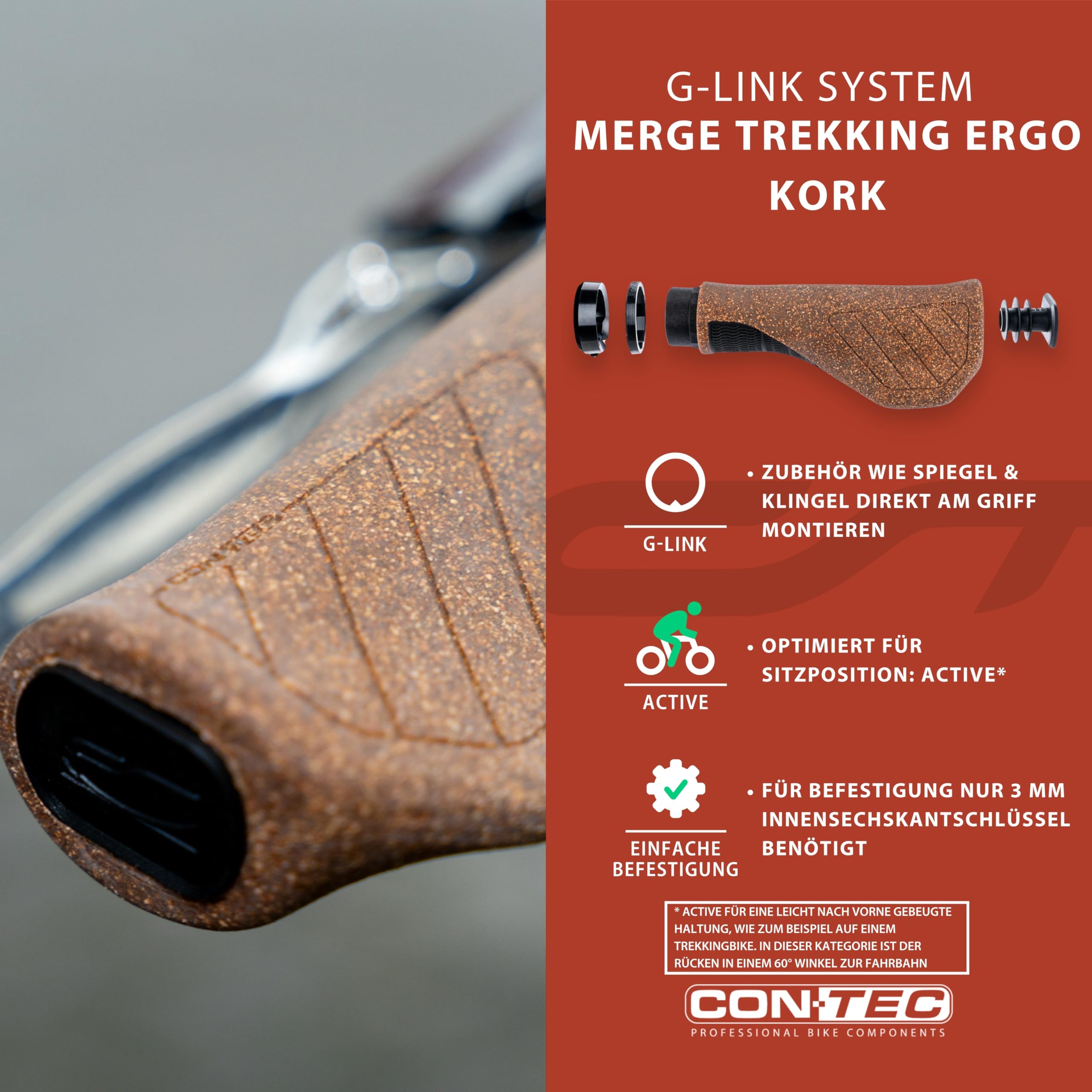 CONTEC Fahrrad-Griffe Merge Trekking Ergo Kork, 140 mm, D3-Dreikomponenten, G-Link-System, Ergonomisch, Stoßdämpfend, Atmungsaktiv, braun, Paar