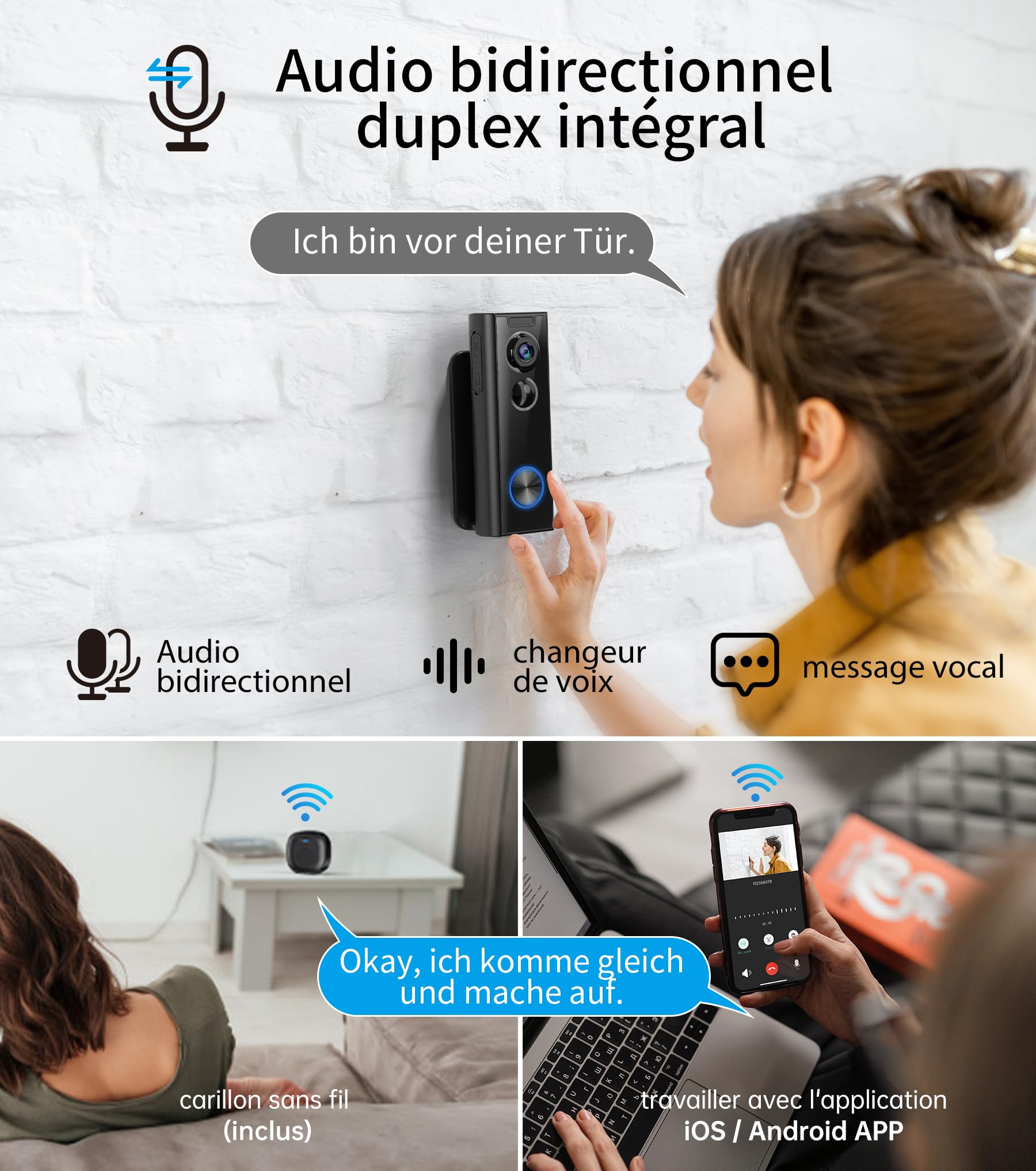 Ankway Wideo dzwonek do drzwi 2,4 GHz z kamerą – 2K FHD regulowany dzwonek do drzwi z funkcją chime, wykrywanie PIR, widoczność w nocy, 2-drożne audio, wodoszczelny, zasilany bateriami, pamięć SD i