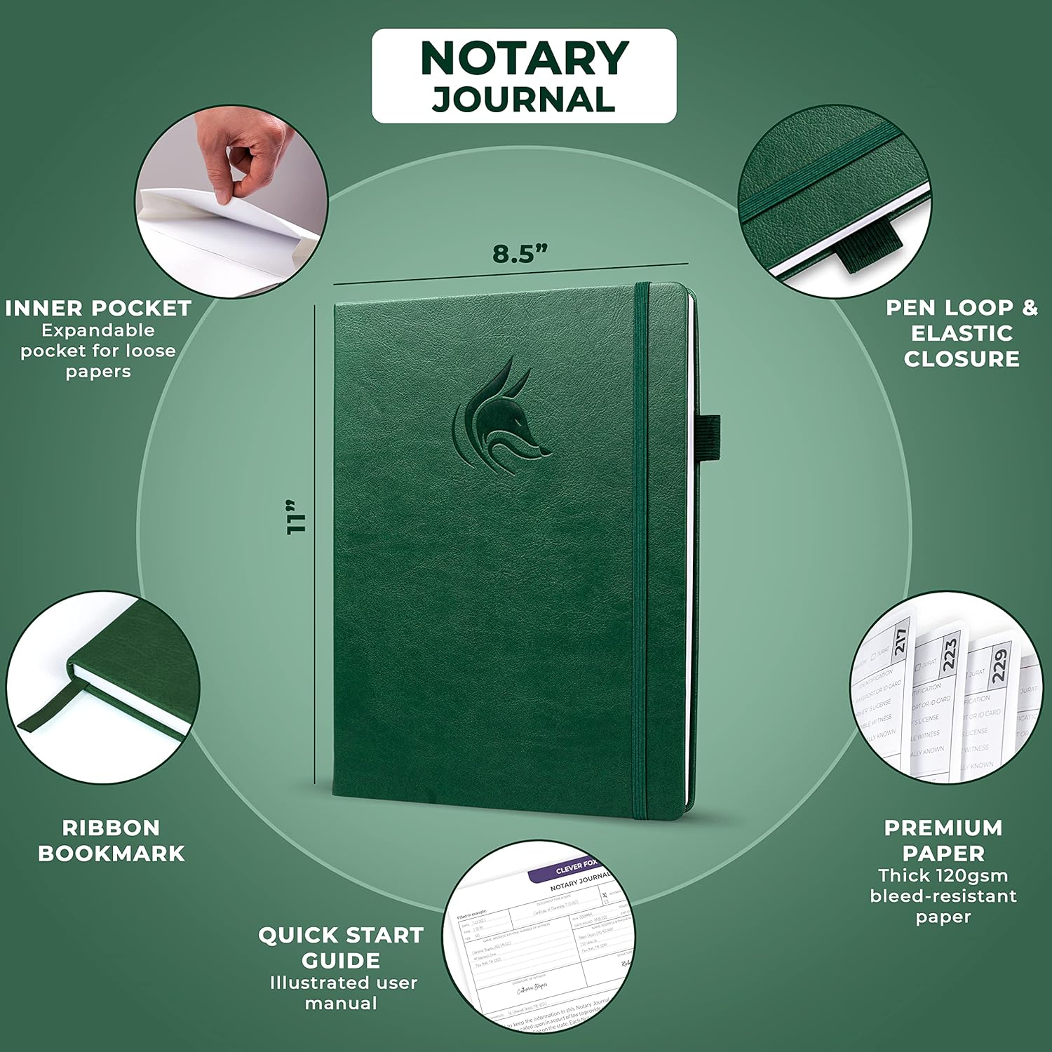 Clever Fox Notary Journal Log Book – Notary Public Journal of Notarial Acts – Supplies for Notaries – 612 Record Entries, Numbered Pages, Hardcover, 8.5x11″ (Dark Green)