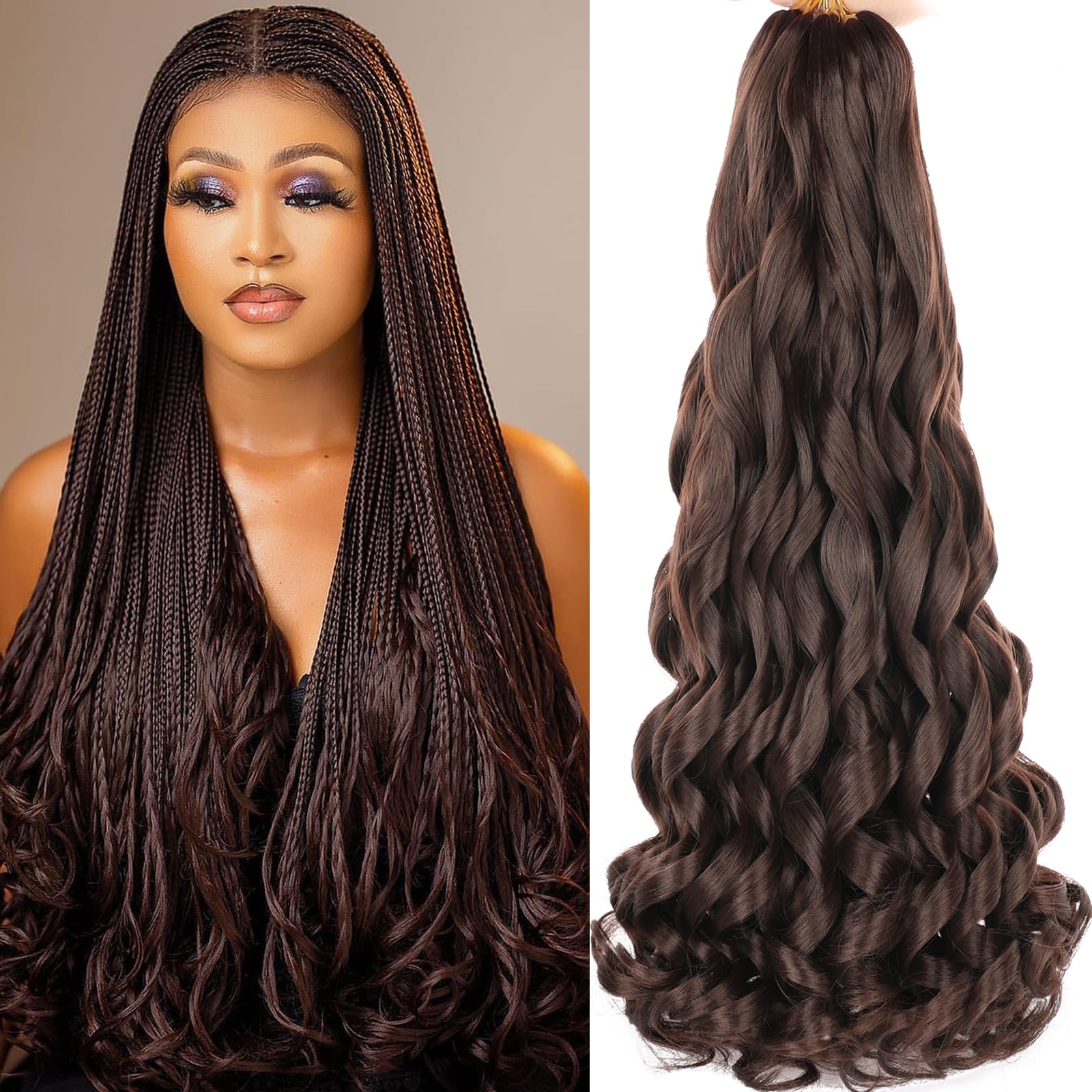 COOKOO French Curl Braiding Hair - 9 Packs Dark Brown 22 Inch Loose Wave Bouncy with Curly Ends - Pre-Stretched Yaki Synthetic Hair Extensions for