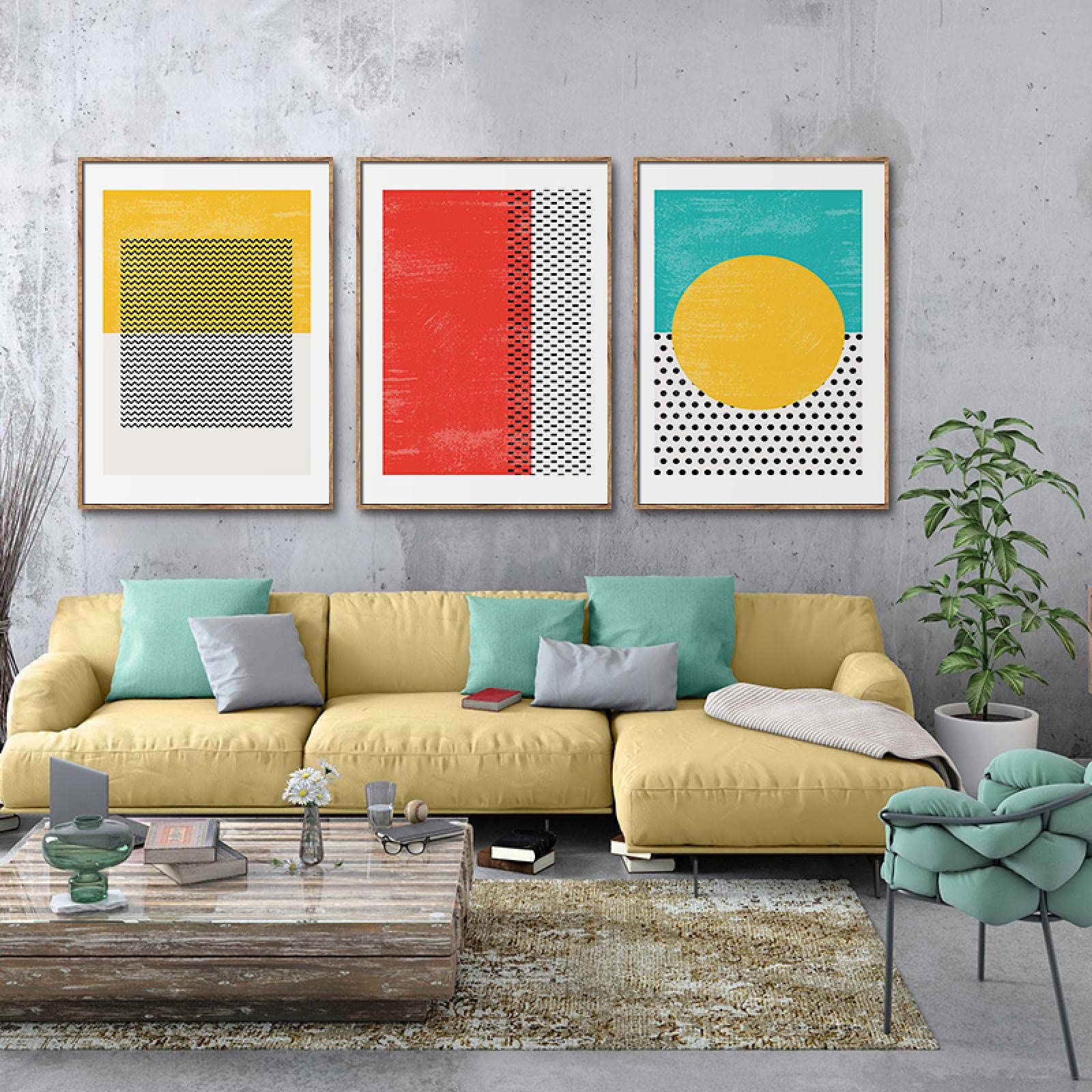 Amazon｜抽象青黄赤幾何学模様モダンポスターキャンバス絵画壁アート