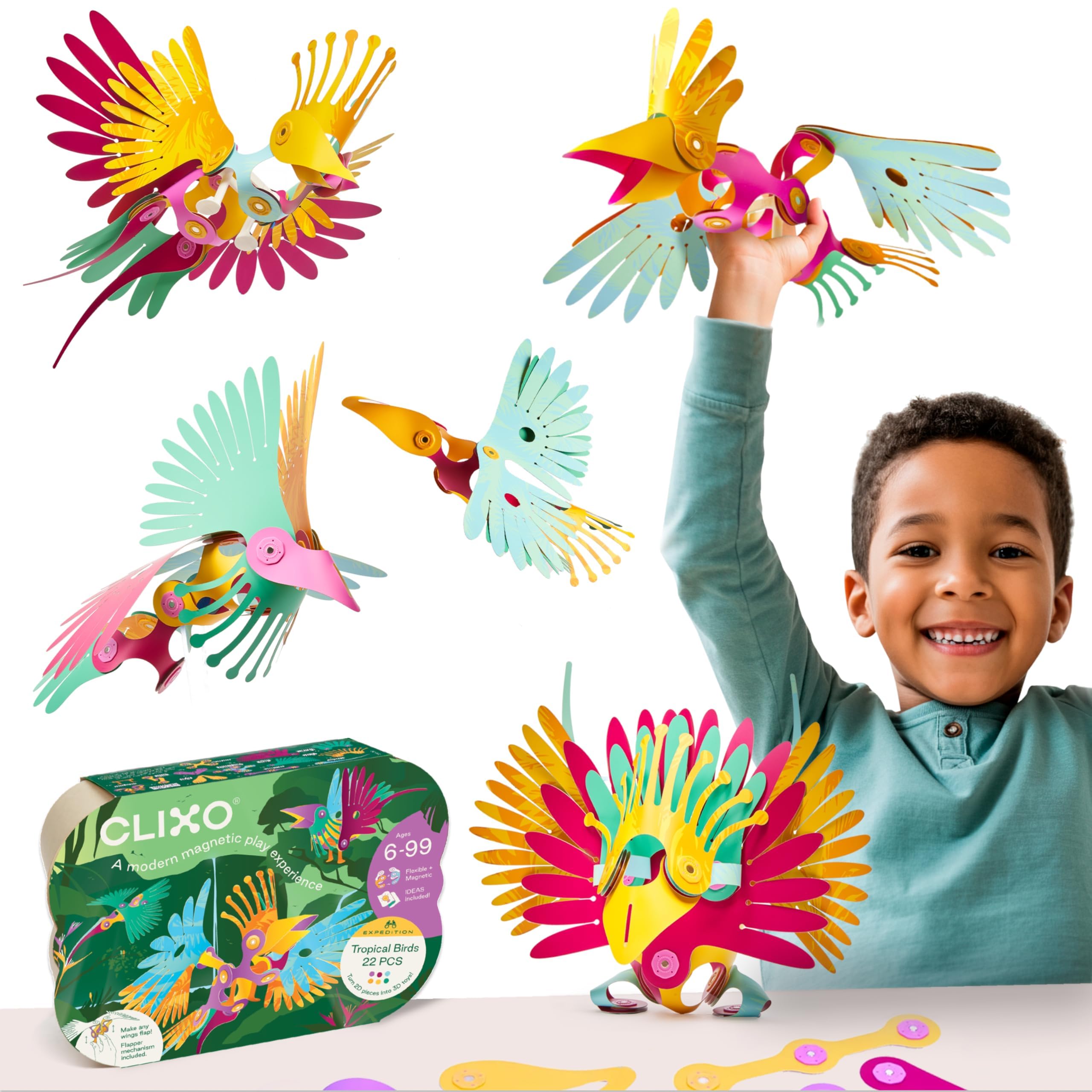Clixo Tropical Birds Pack 22 Piezas. Juego de Construcción Magnético Steam con Mecanismo Personalizado de Batido de Alas para Juego Creativo, Edades 6+