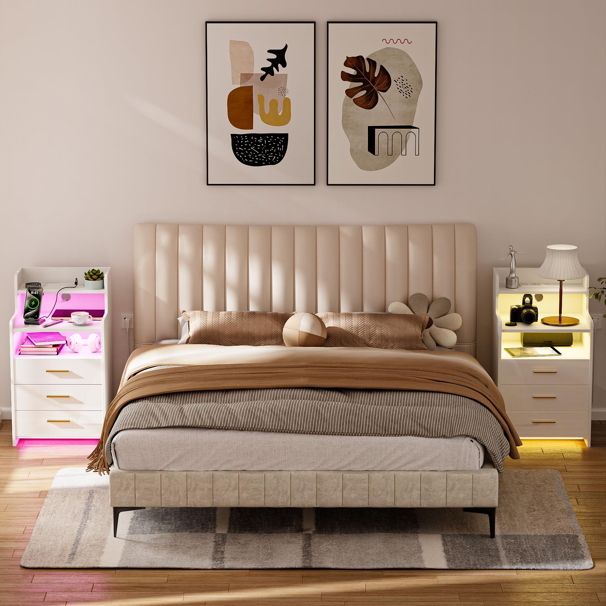 Ztexkee High Gloss Set of 2 Bedside Tables with Power Socket 45x40x76.5 cm Big Nightstands with RGB light and 3 Drawers 2 Compartment End Table Tall Bedside Cabinet for Bedroom Living Room White — image 1