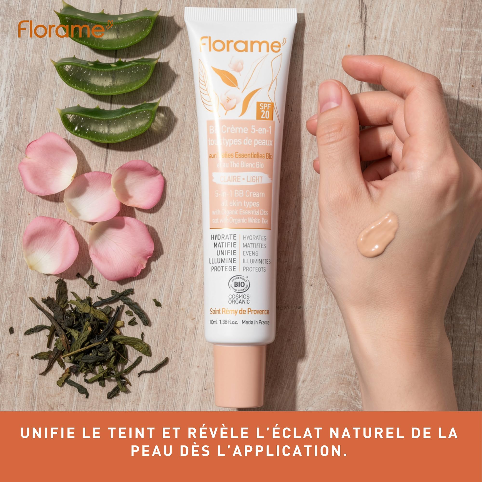 Florame BB Crème 5-en-1 SPF 20 – Teint Parfait Naturel – Hydrate, Unifie & Protège – 40 ml – Fabriquée en France - BB crème Claire