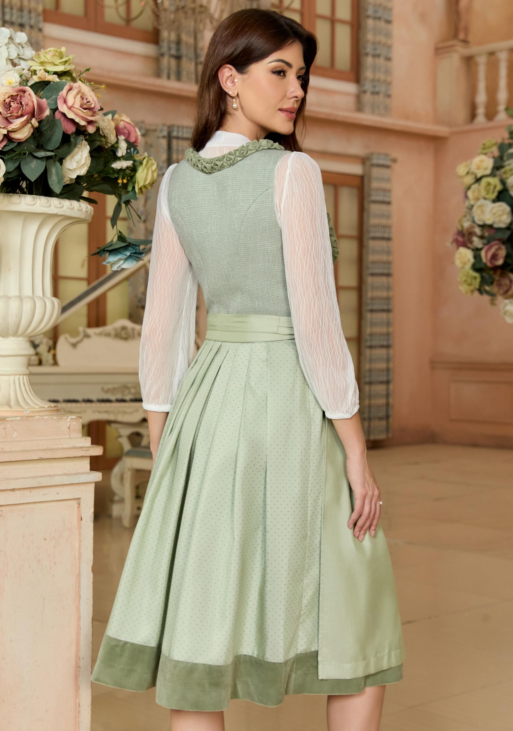 Dirndl Damen, Midi 70 cm, Grün, Leinen-Mischung, Oktoberfest Trachtenkleid, A-Linie, Reißverschluss Vorne, Größe 34-44