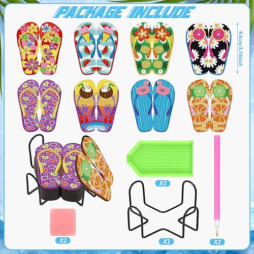 Miniatura 3 de Shellwei 8 posavasos de arte de diamantes para verano, con soporte, posavasos de diamantes hawaianos, para playa, tropical, para manualidades,